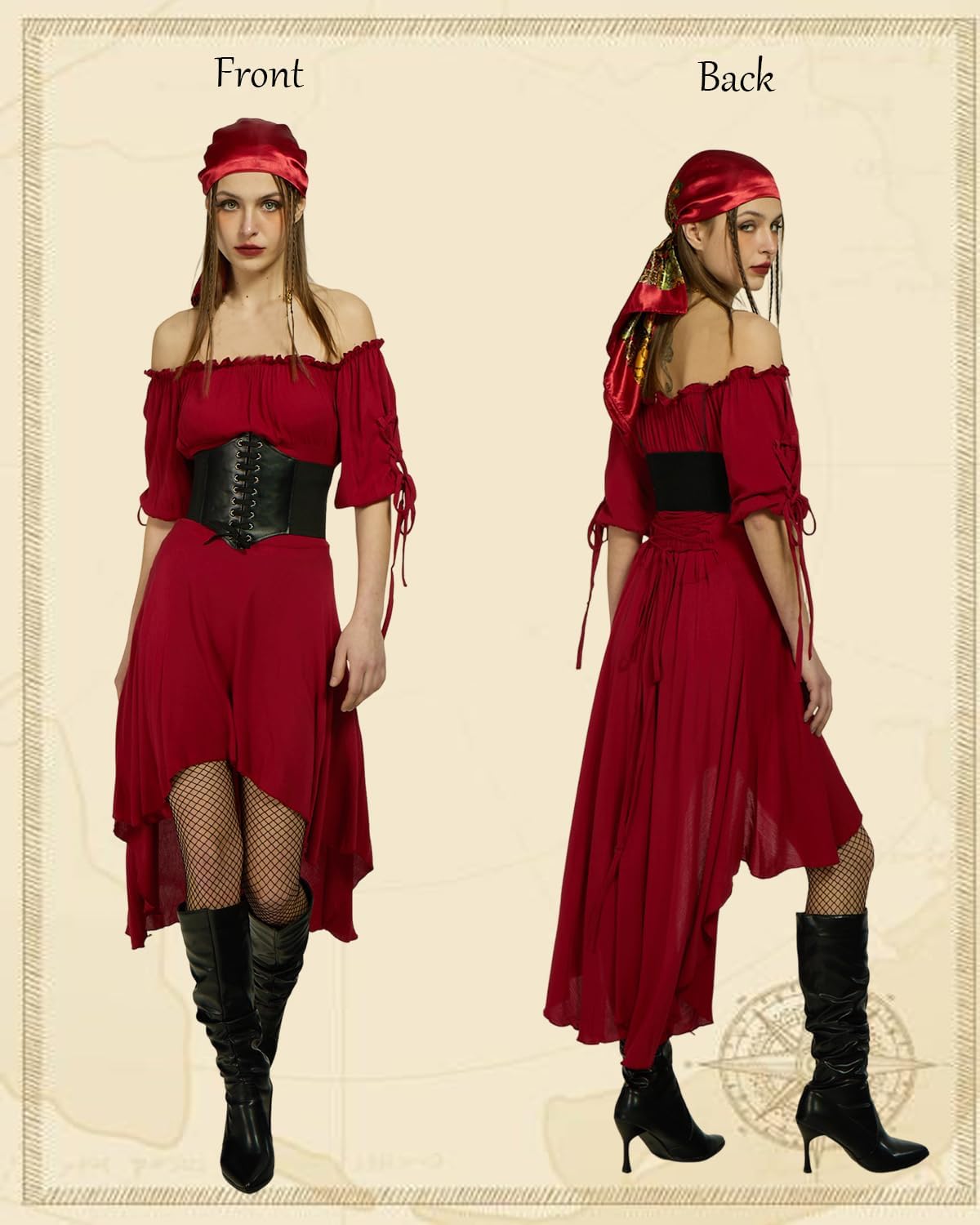 4Pcs Pirate Costume Women Medieval Viking Pirate Dress Headscarf Corset Pirate Accessories for Women - Image 4