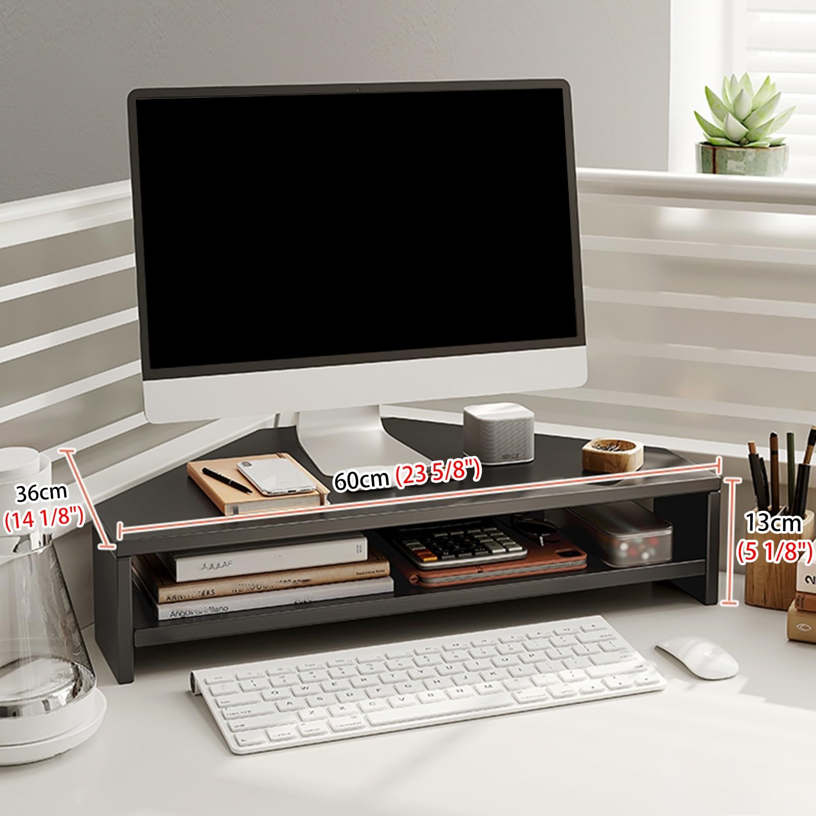 Drewniany narożny stojak na monitor trójkątny stojak na biurko regulowany stojak do półek na laptopy/tablety oszczędność miejsca rozwiązanie do przechowywania w biurze (kolor: czarny)
