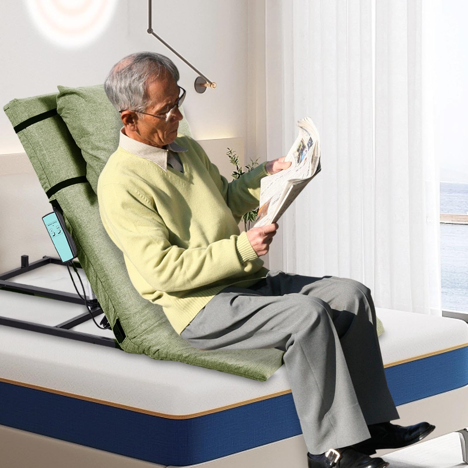 Lifting Bed Backrest - Bed Lift Assist - Elderly Bed Assist, Electric Auxiliary Backrest, Includes Pillow & Foot Pad for Patient, Handicap