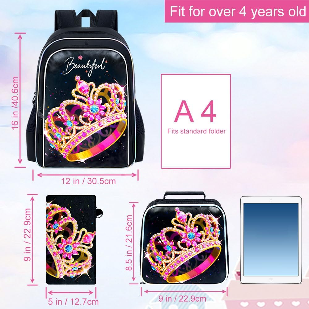 WZLVO 3PCS Crown Backpack for Girls, 16" Glittery UV Printing Kids Bookbag/School Bag with Lunch Box & Pencil Bag for Preschool to Elementary - Golden Crown