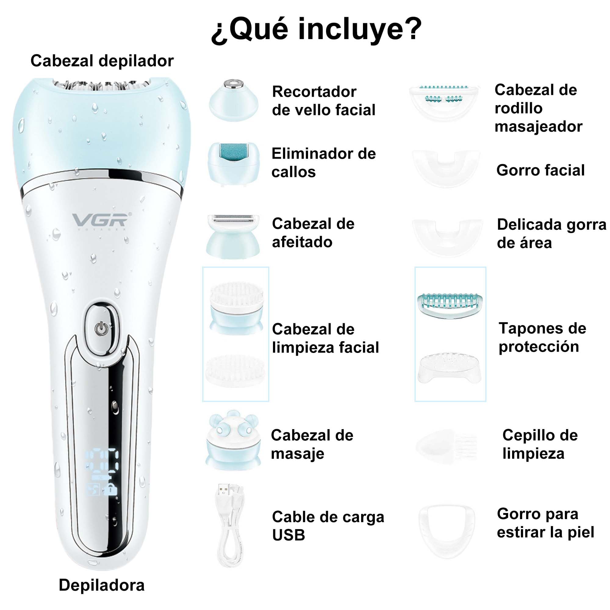 VGR 733 Depiladora Mujeres, 6 en 1 Inalámbrica y Recargable Maquina Depilar, Seco y Húmedo Recortador eléctrica, Afeitadora Facial y Corporal para Cara, Piernas, Axilas, Azul