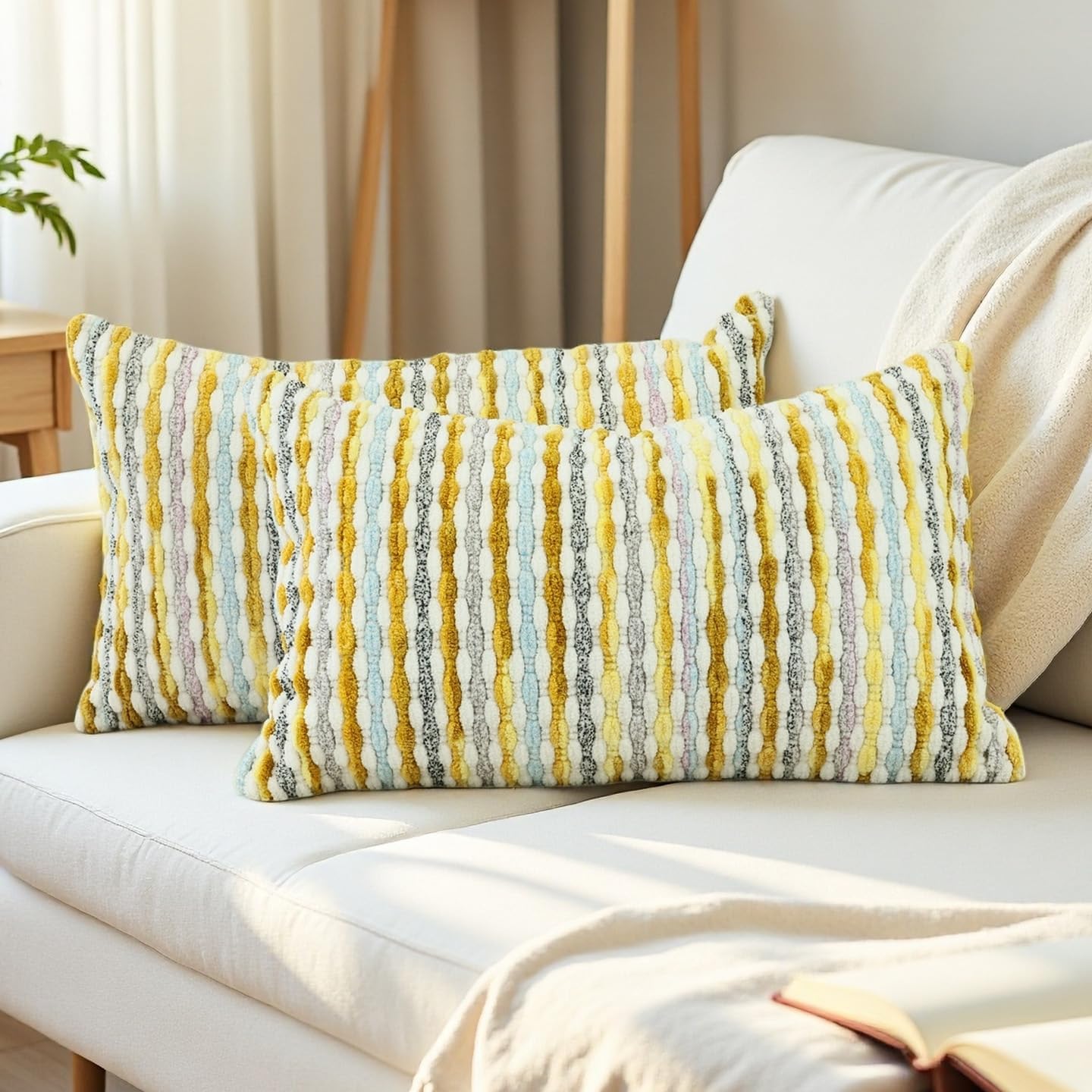 Boho Chenille Striped Pillow Cover 12x20 Inch, Decorative Lumbar Pillow Cover for Couch Bed Sofa Living Room Bedroom Farmhouse Modern Home Decor Accent Pillowcases Set of 2, Yellow White
