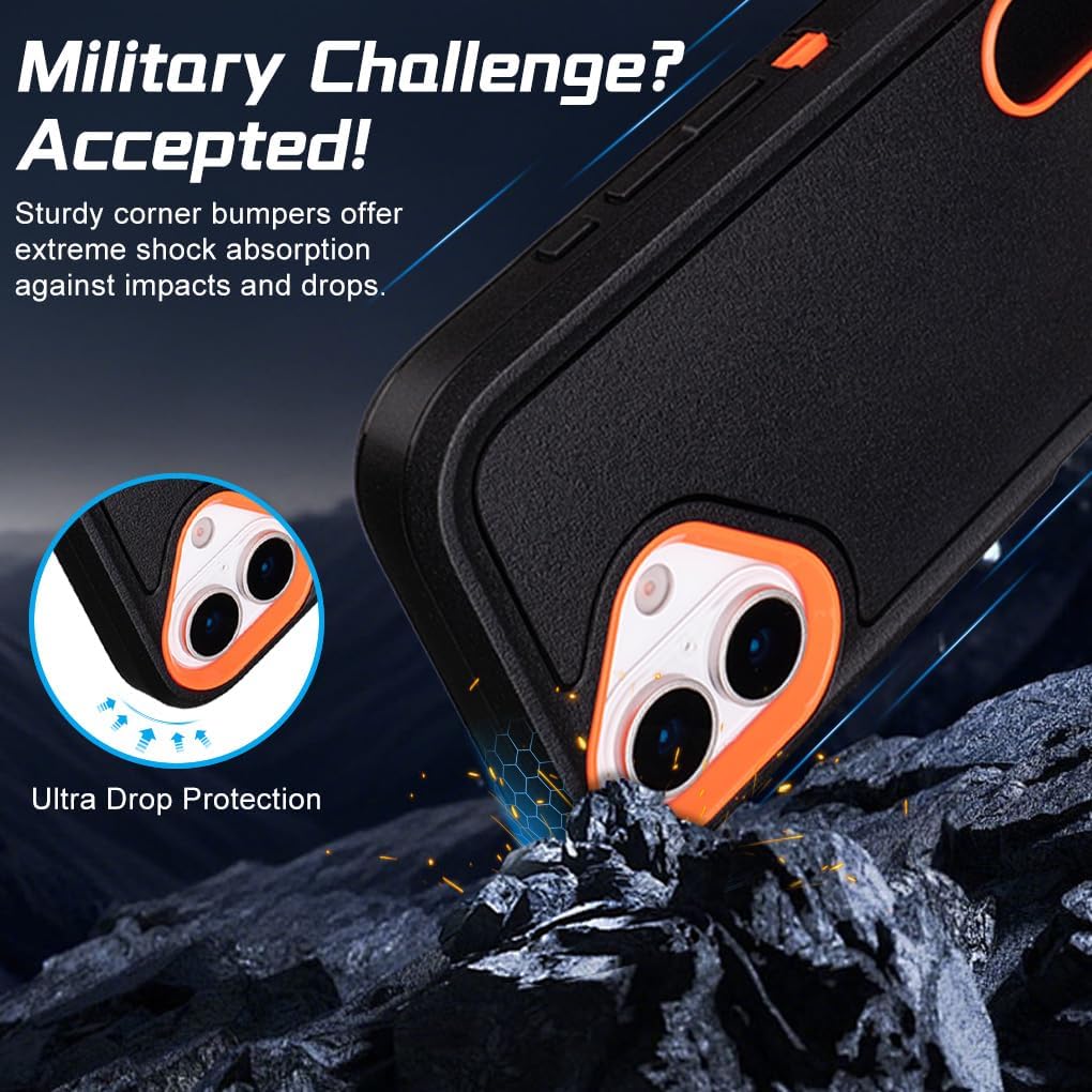 for Phone Case iPhone 16 Case with Belt Clip Holster, Rugged Protective for Outdoor Adventures, Military-Grade Shockproof Cover with Clip Kickstand, Dustproof Port Protection (Black Orange)