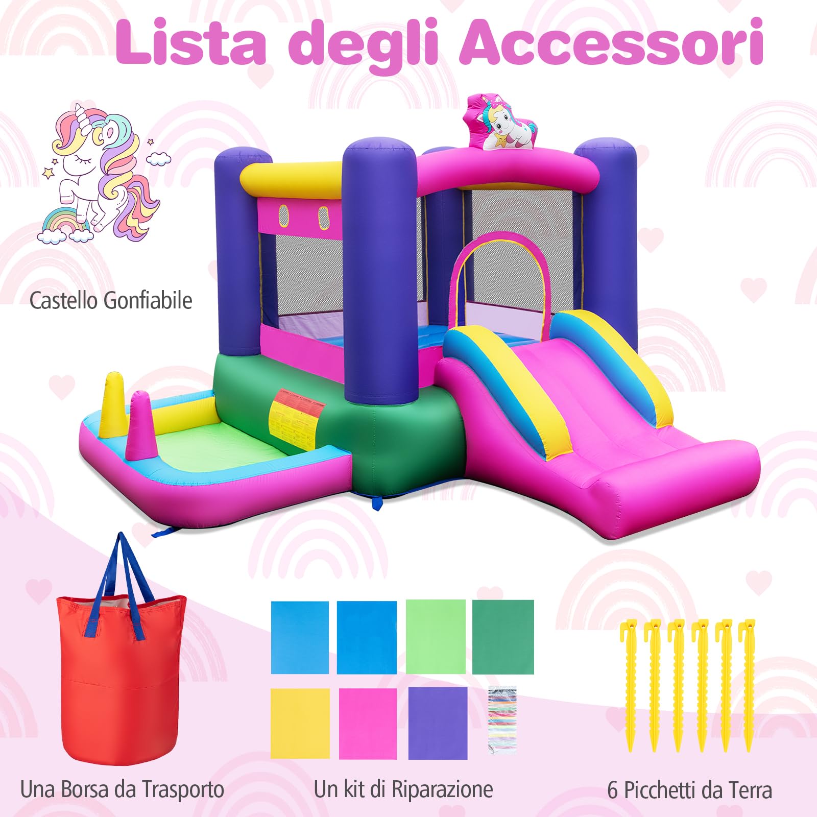 GYMAX Castello Gonfiabile da Interno/Esterno con Scivolo, Piscina di Palline, Canestro da Basket, Anelli e Palline, Centro Gioco per Bambini a Tema Unicorno, per Età 3-12 Anni