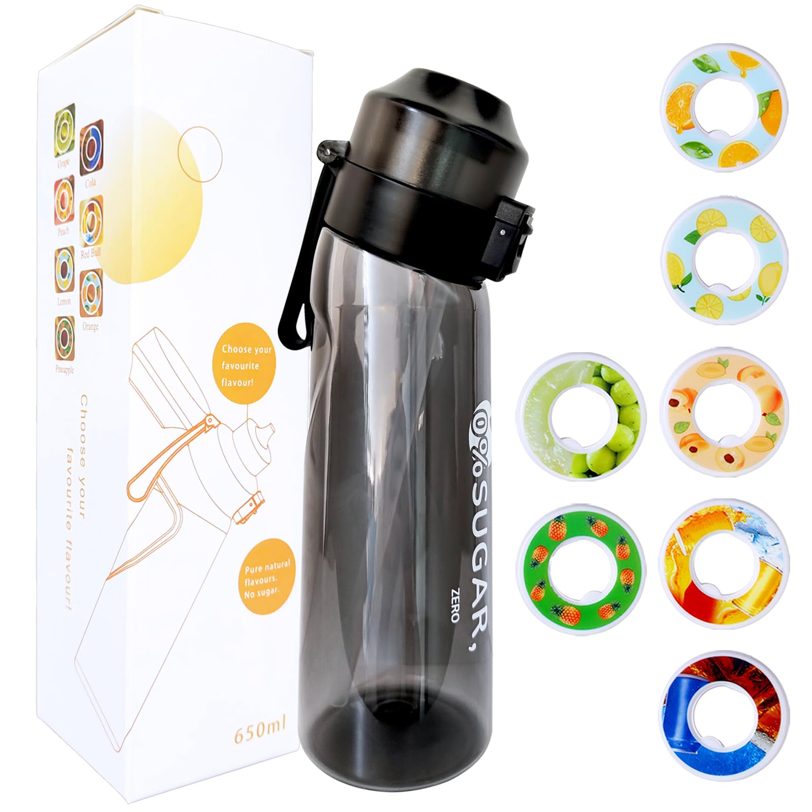 22 Oz Tritan Water Bottle with Scent Ring & 7 Flavor Pods, BPA-Free Sports Water Bottle (Black + 7 Pods) (cup)