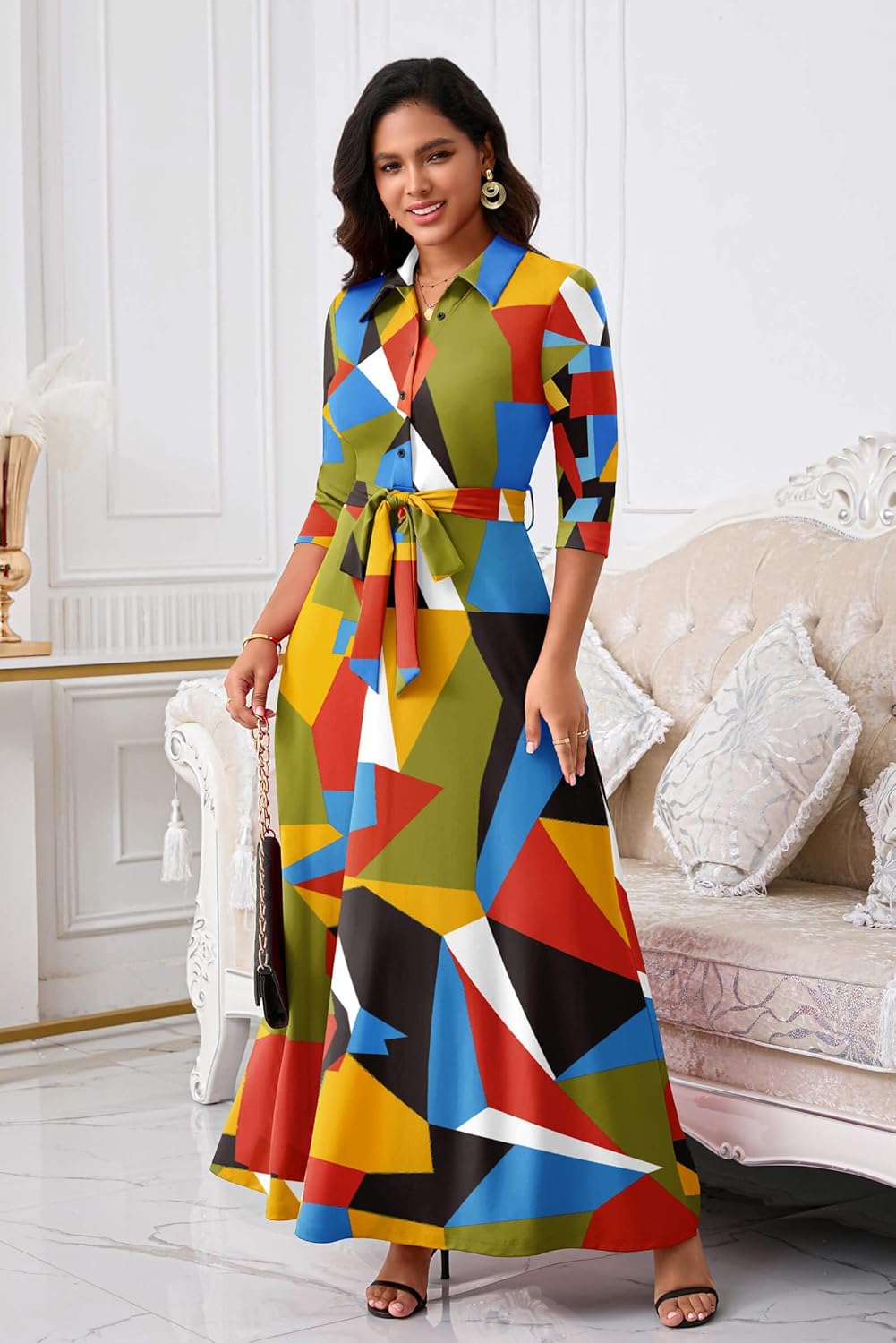 Runwind Women Church Maxi Dresses 3/4 Sleeve Button Down Print Casual Office Dress African - Image 4