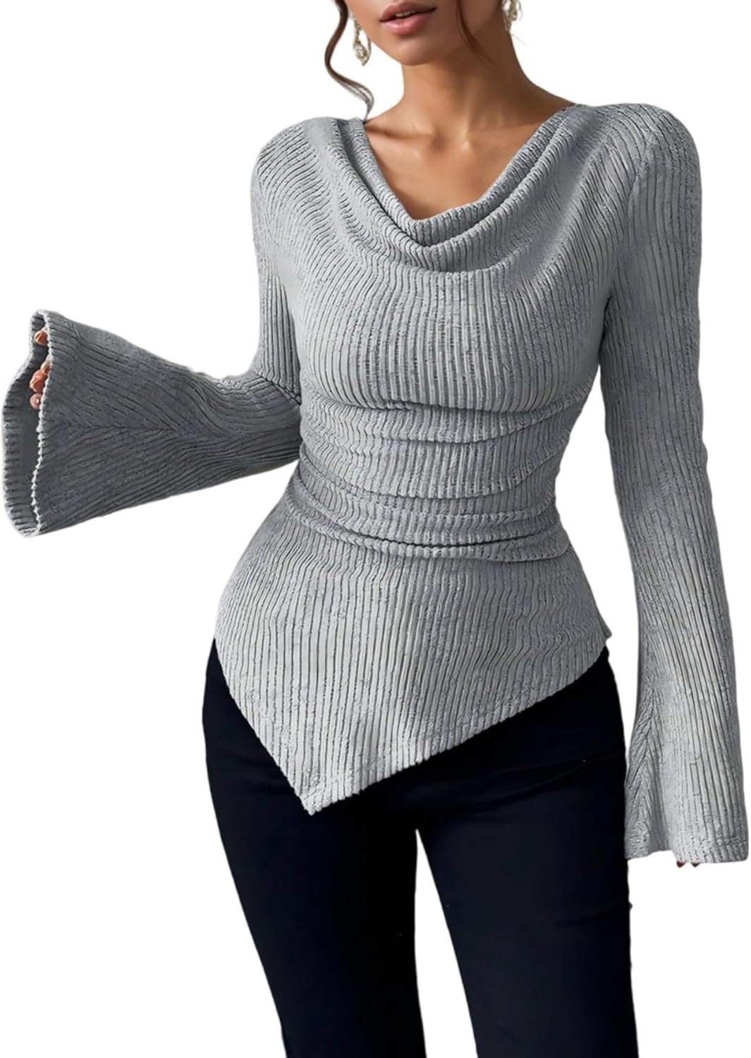Bell Long Sleeve Cowl Neck Tops for Women, Y2K Ruched Asymmetrical Ribbed Fitted Shirts Going Out Fall Clothes