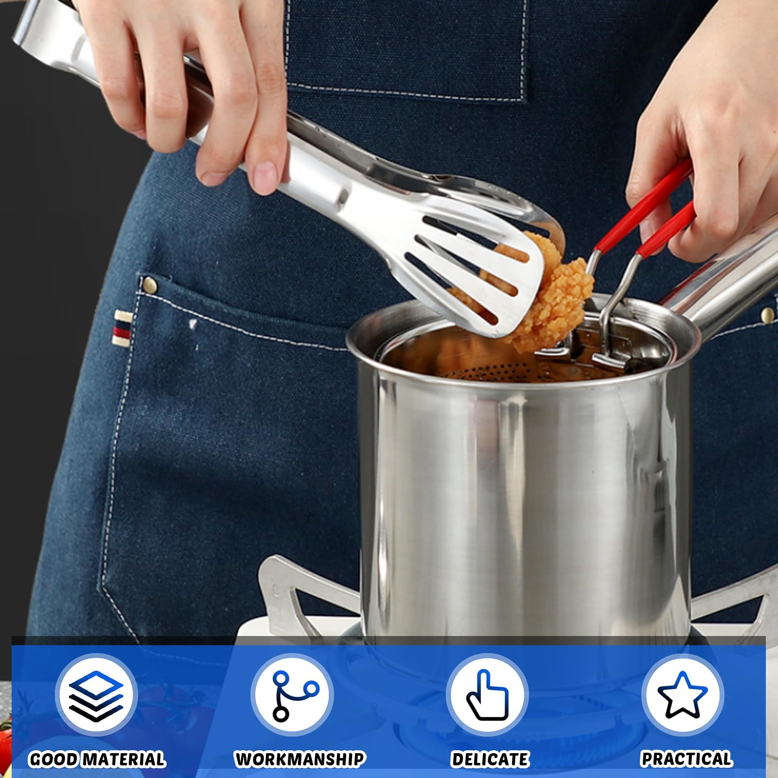 GOMETY Pentola da 1,8 l, in acciaio inox 304, contenitore per grasso con filtro a maglia fine, filtro e taglio per cucina/campeggio, adatta a tutti i piani cottura (set di friggitrice)