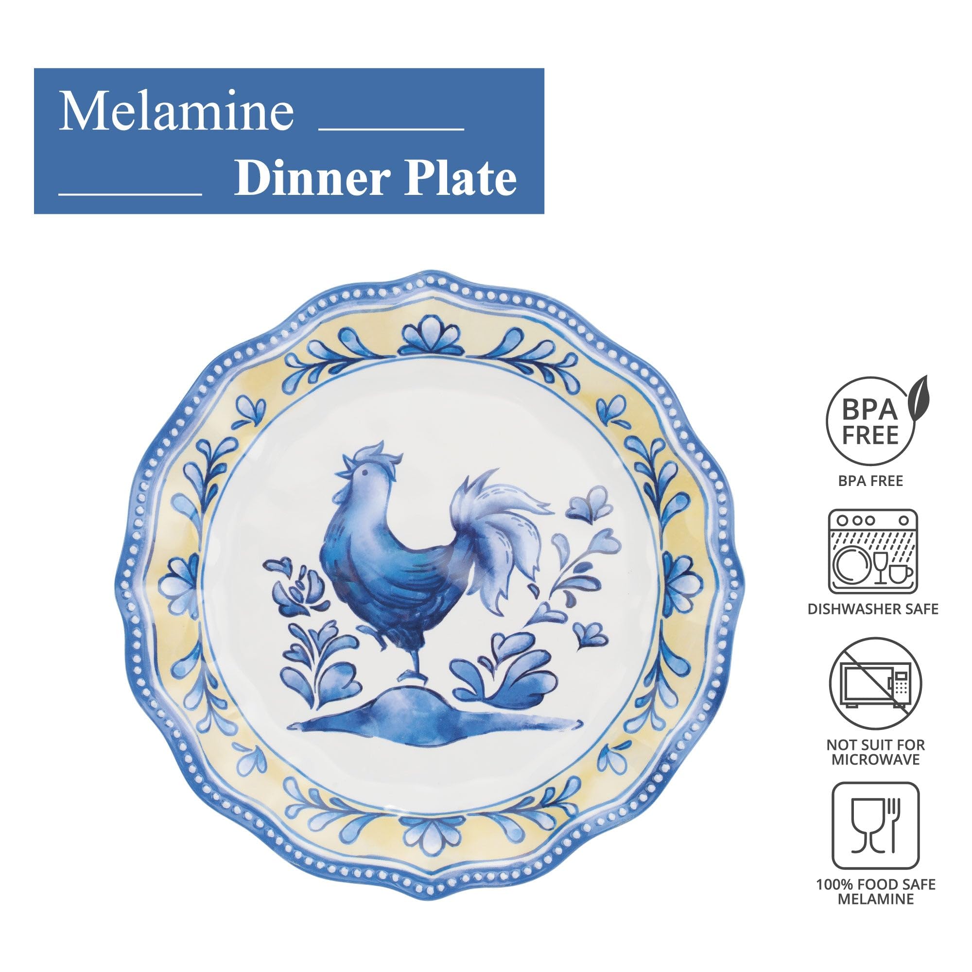 UP ware - Set di 6 piatti piani in melamina, senza BPA, lavabili in lavastoviglie, piatti piani per portata principale, pasta e insalata, piatti piani da 26 cm (gallo blu)