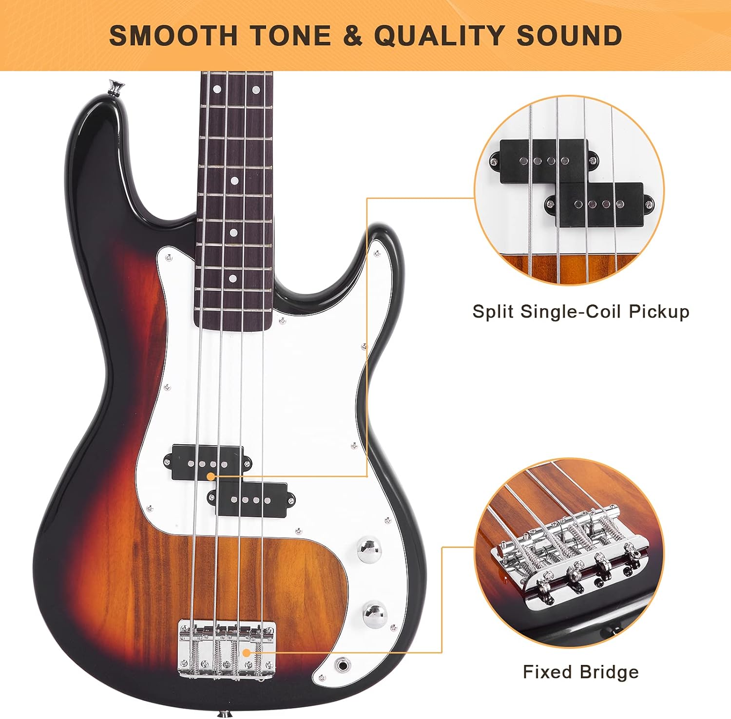 Glarry Electric Bass Guitar Full Size 4 String Rosewood Basswood Fire Style Exquisite Burning Bass (Sunset)
