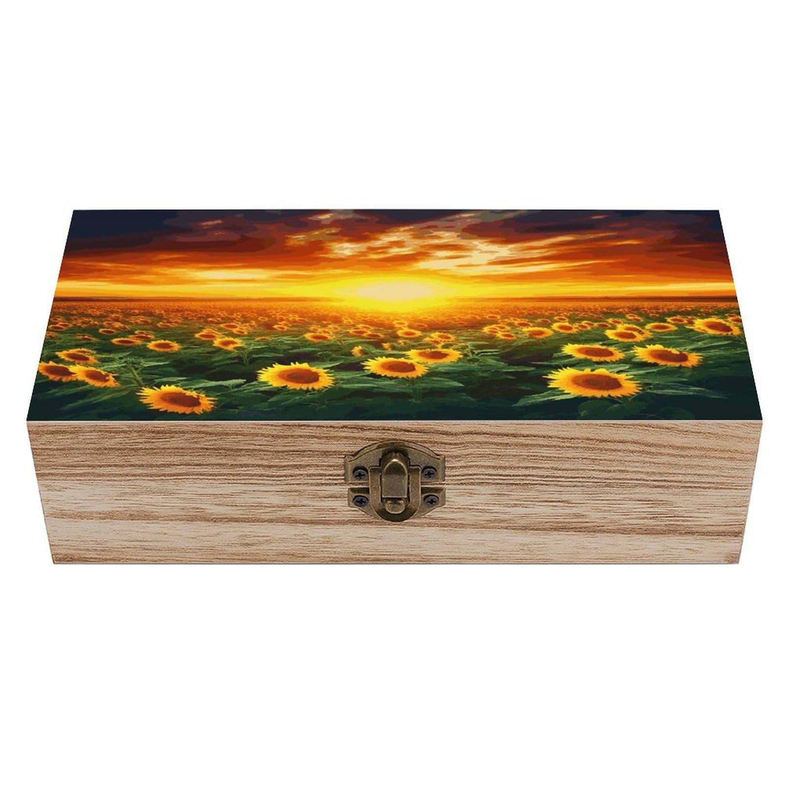 JTREHY Dreamlike Sunset Of A Sunflower Field Wooden Keepsake Box Vintage-Style Wood Keepsake Case with Hinged Lid Solid Wood Boxes Beautifully Memory Treasure Case Vintage-Style Wooden Storage Box