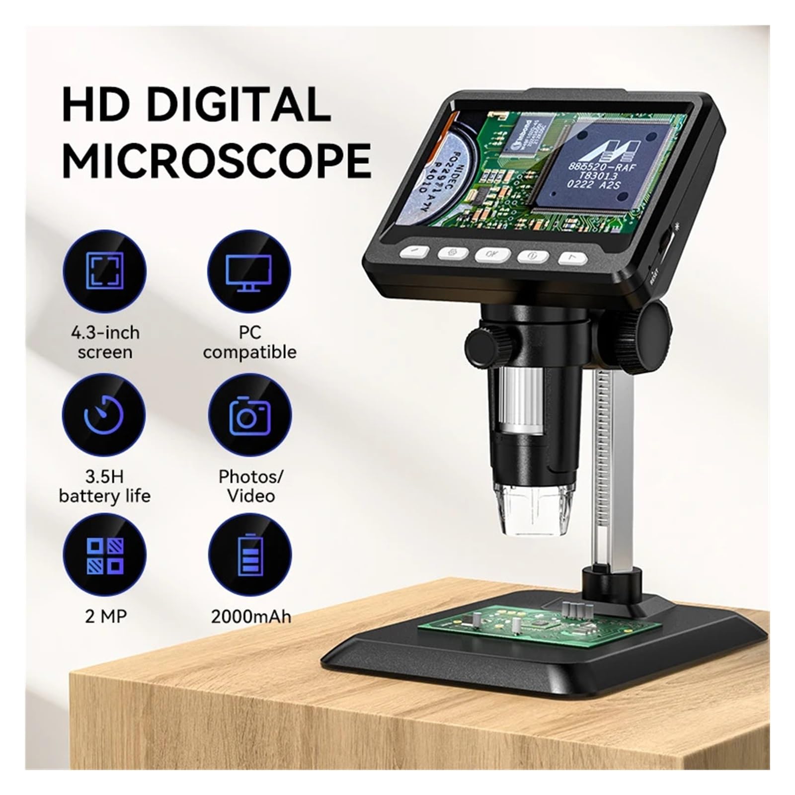 Microscopio digitale da 4,3'' 50X-1000X con memoria integrata, microscopio a moneta 1080P, ingranditore, microscopi video elettronici a 8 LED for riparazioni