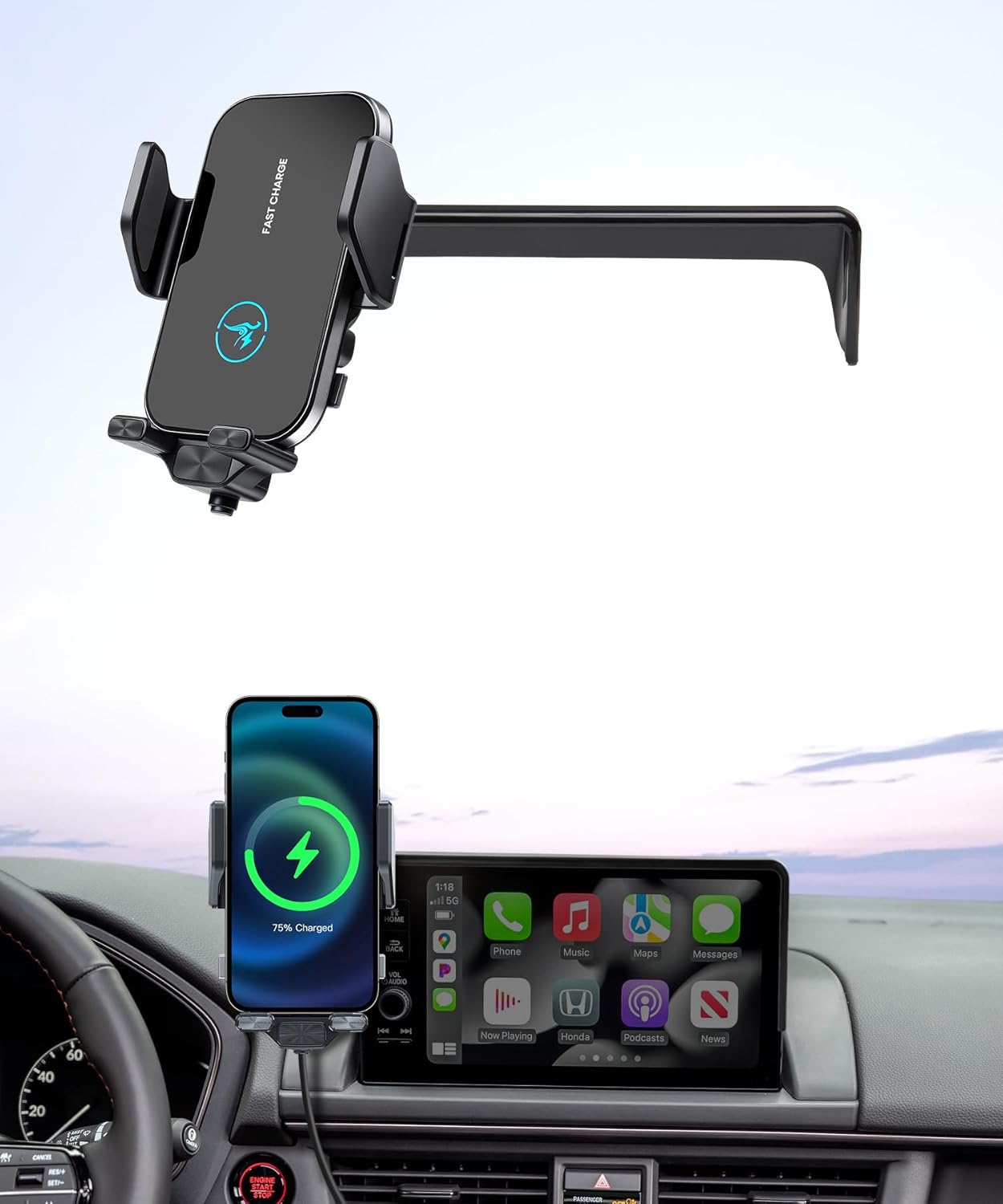 15W Wireless Fast Charger for 2023-2026 Honda Pilot Accessories 7/9 inch Screen Fixed Clip, Interior Decoration Mobile Phone Mount, 360° Rotation, Vehicle-Specific Custom Mount