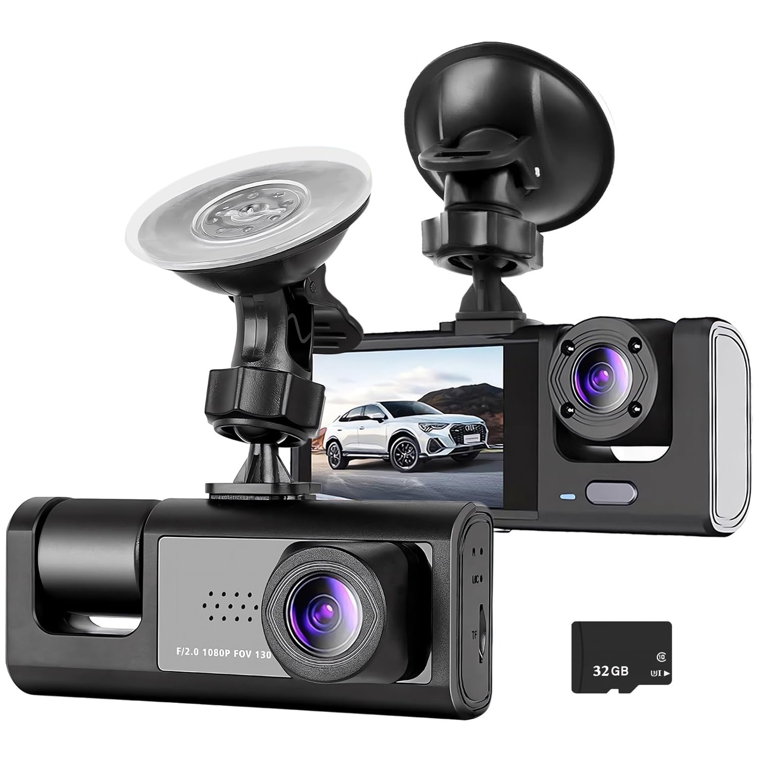 Dashcam Voiture Avant Arrière, HDR Vision Nocturne, capteur G+Carte 32Go