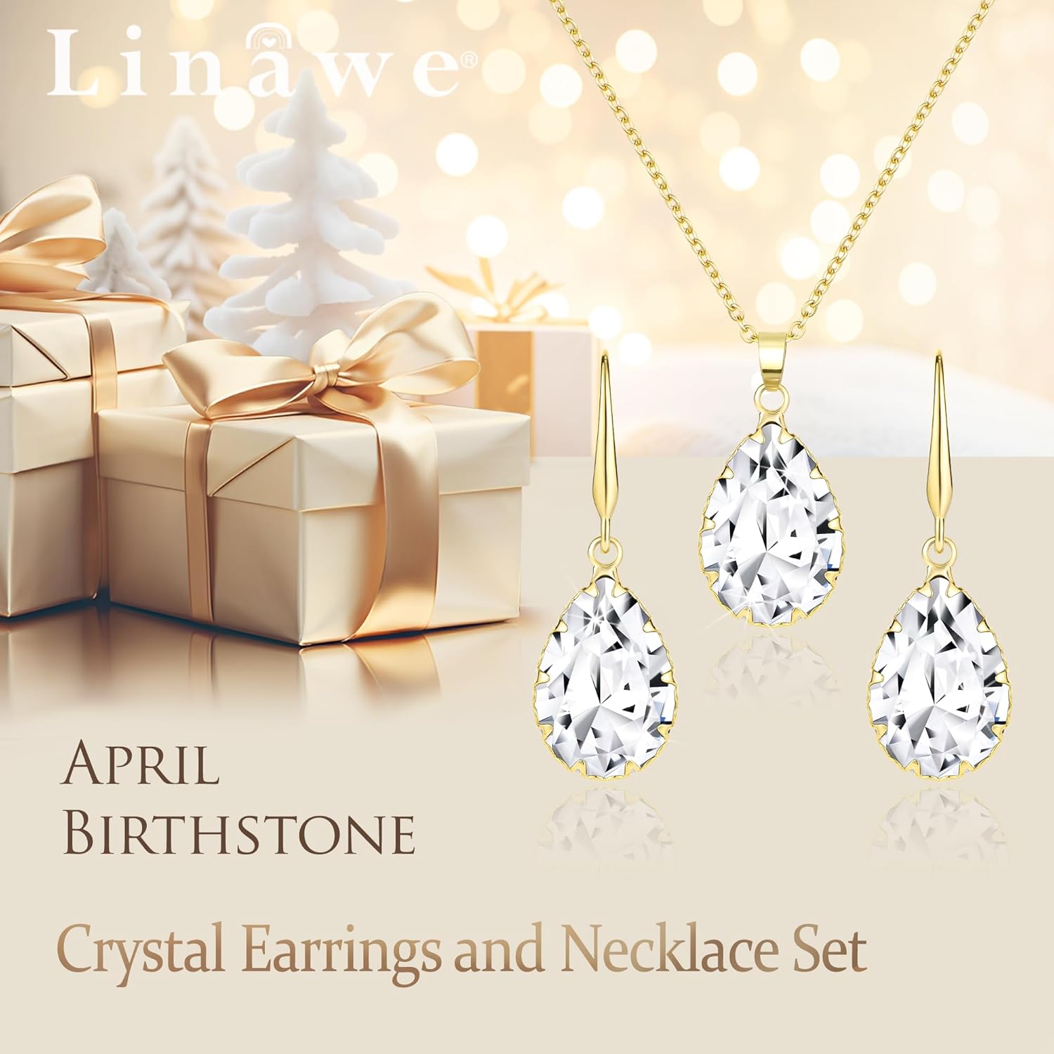 Linawe Crystal Jewelry Sets for Women, Imitation Diamond Pendant Necklace, Rhinestone Drop Dangle Earrings, Birthstone Cubic Zirconia Matching Wedding Jewelry, 14K Gold/Rose Gold/Silver Tones - Image 5