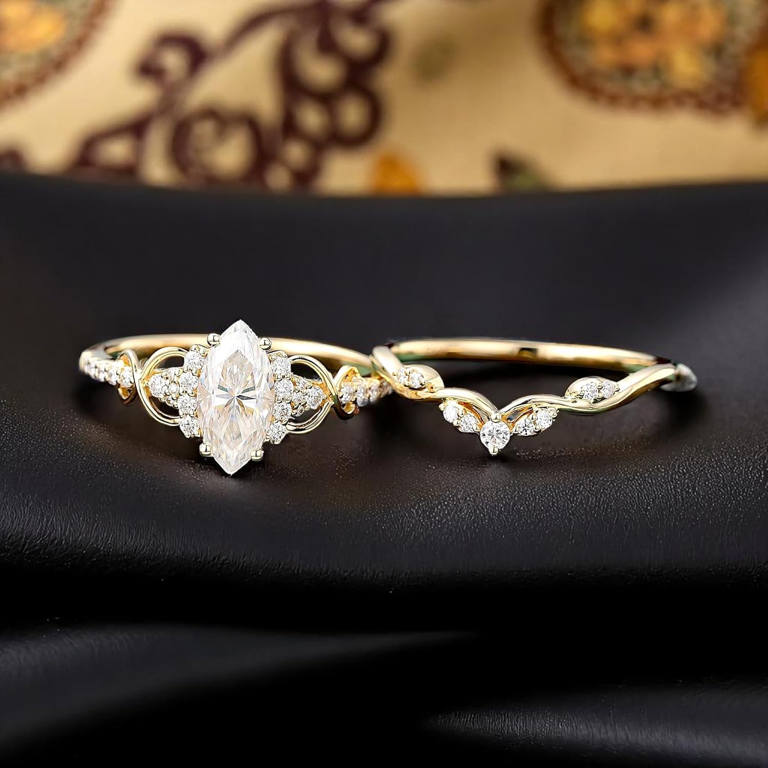 Marquise Cut Moissanite Engagement Ring Set in Yellow Gold | Unique Dainty Bridal Set, Promise or Anniversary Ring for Women