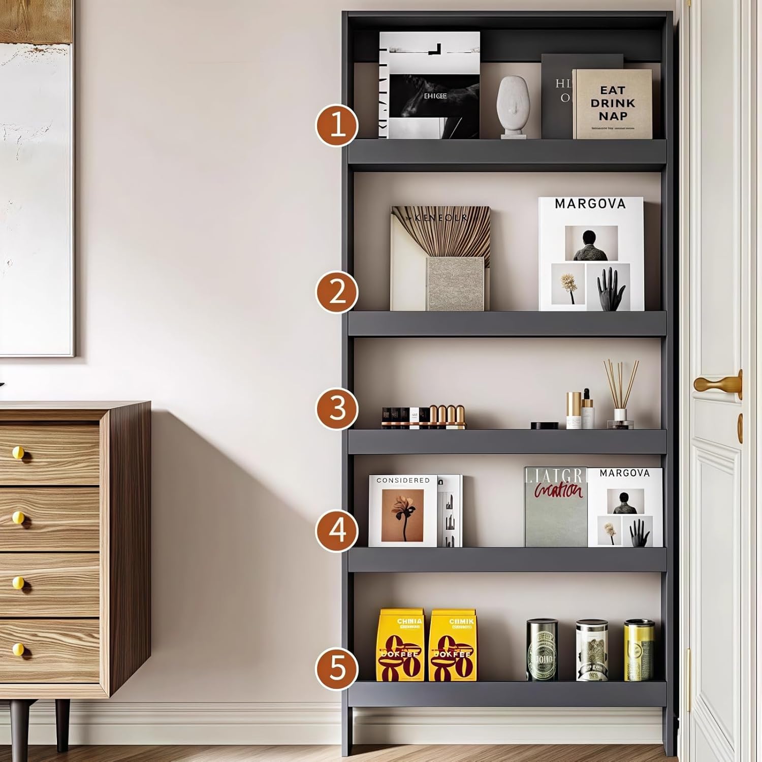 Behind The Door Bookshelf,5-Shelf Bookcase with Storage and Privacy Doors, Wooden Storage Cabinet Behind The Door Suitable for: Bedroom, Living Room, Office(Black) Black 23.6"*4.7"*70.8"Doubledoor