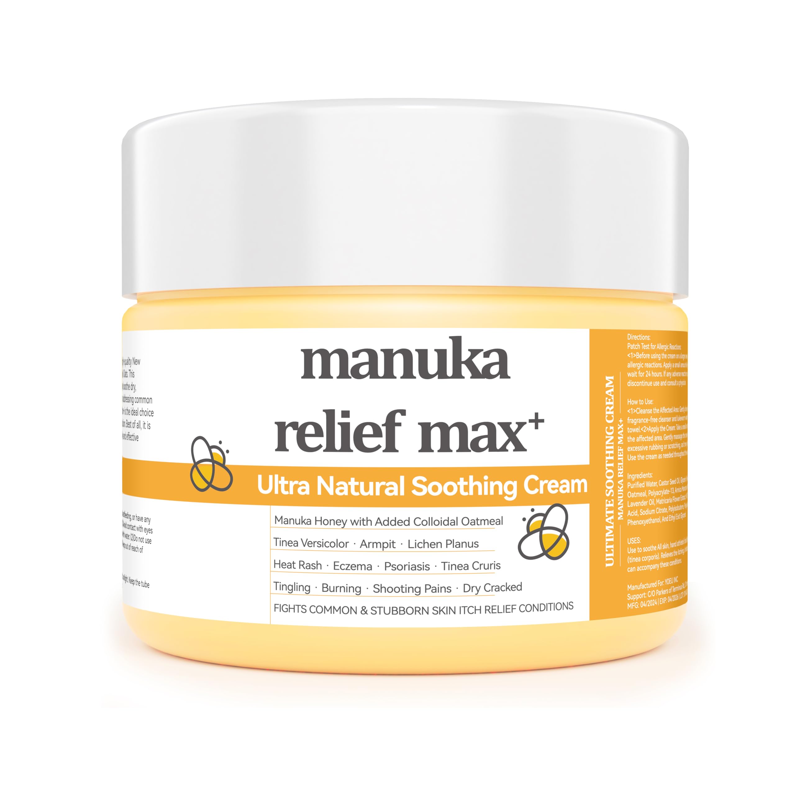 Manuka Honey Eczema Soothing Cream - Organic Hand, Body Eczema Relief, Natural Ointment for Psoriasis, Hand Foot Tinea, Dry, Itchy, Irritable Skin, Armpit, Itchy Feet, Butt, Anal Itch, Adult, Kids