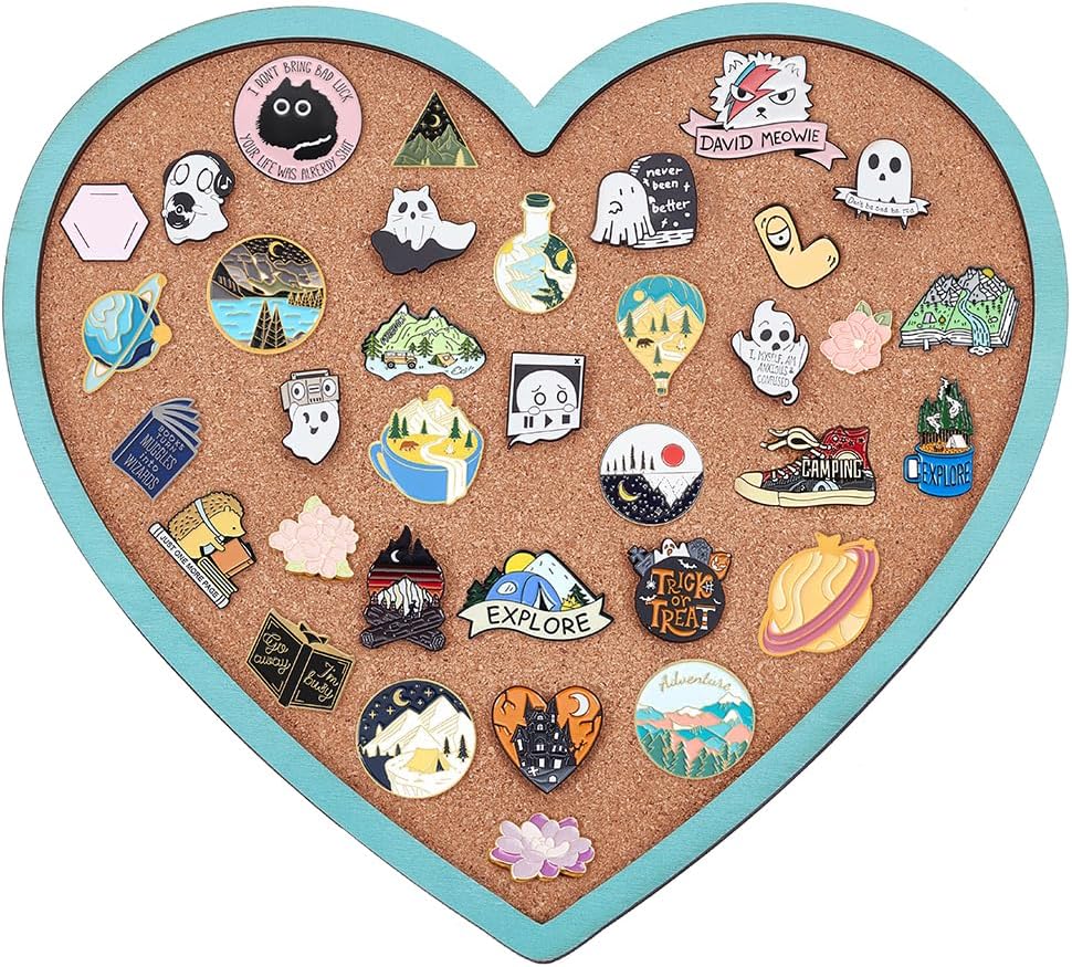 BENECREAT Light Sky Blue Heart Pin Cork Board, 10.6x11.8inch Bulletin Display Board Wall Mounted Cork Board for Brooch Pin Storage Display, Office Home and School Decor