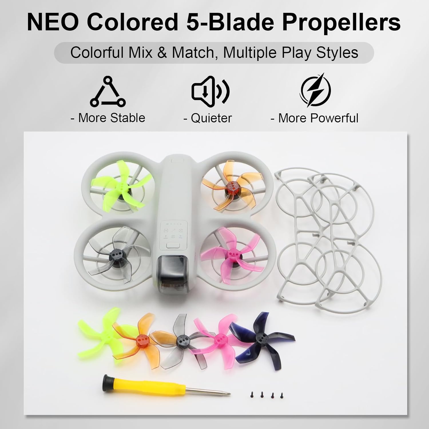 (Improved Version)-Drone Colorful Paddle Propeller for DJI NEO Silent Power Noise Reduction Replacement, Compatible with DJI Neo 2 (Crystal Gray)