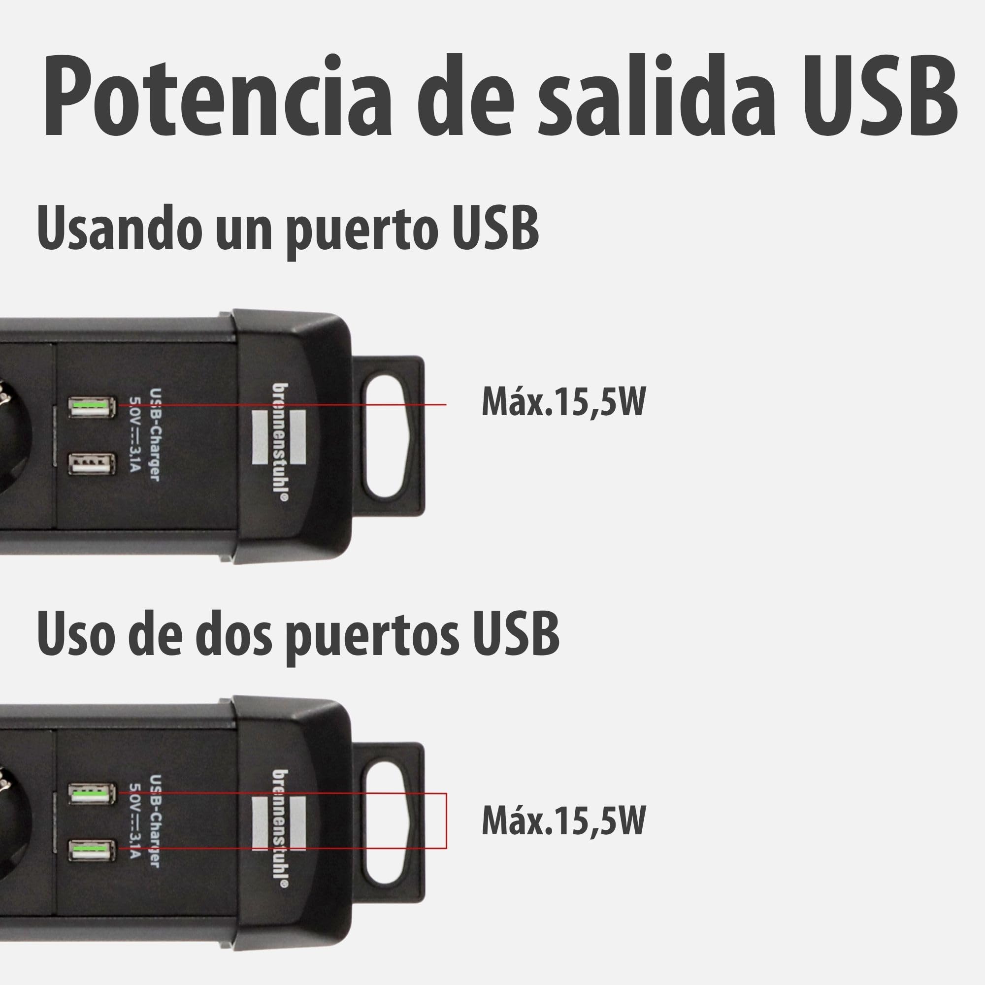 Brennenstuhl Premium-Line regleta enchufes de 6 Tomas con protección contra sobretensiones hasta 60.000A (Cable de 3m, 2X Cargador USB 3.10A, montable, Fabricado en Alemania) Negro