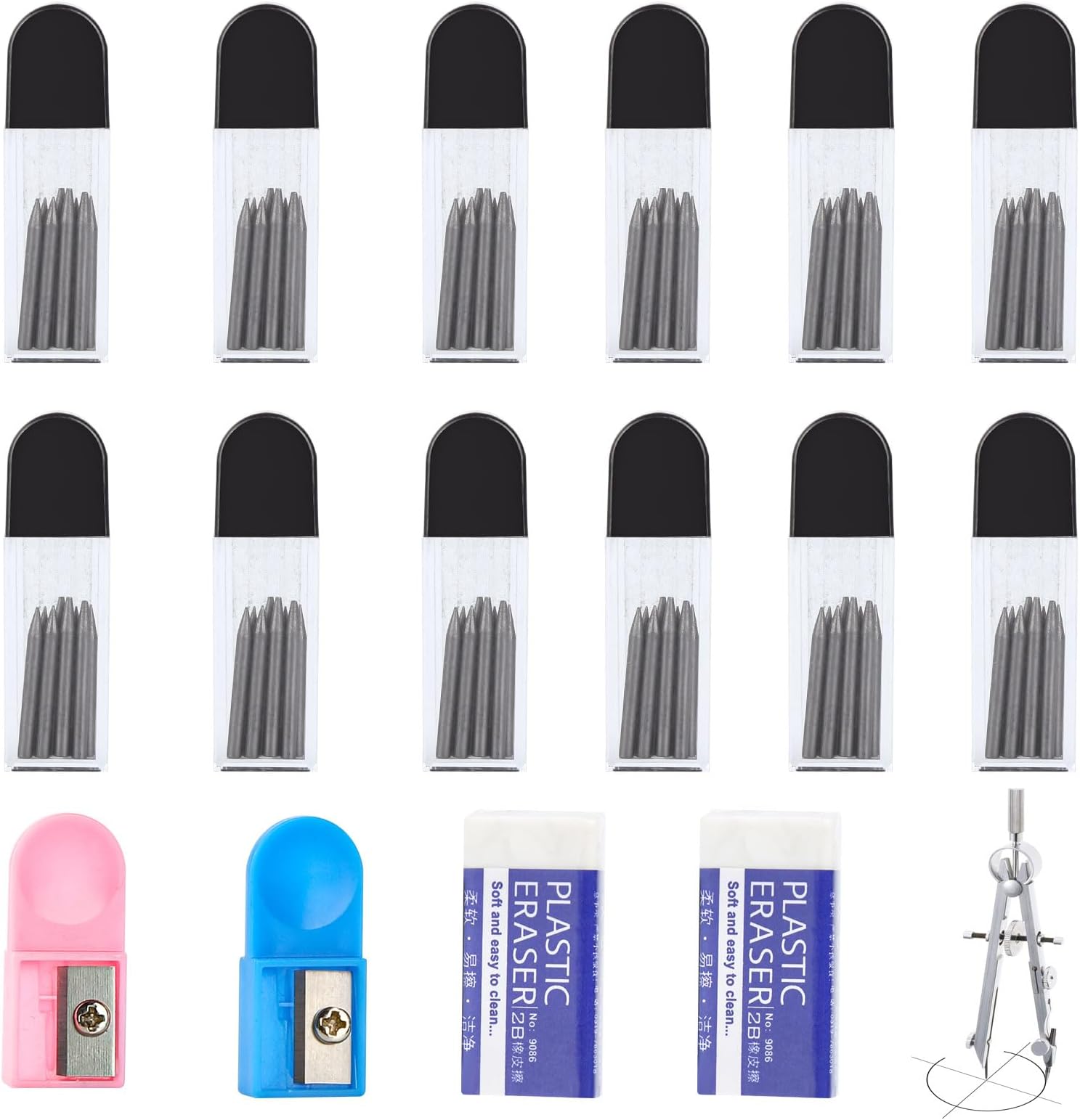 Compas A Mine Mines Compas 2mm - Lot De 100 Recharges + Taille-crayon - Graphite 2B - Pour Dessin Technique Recharges Précision Graphite