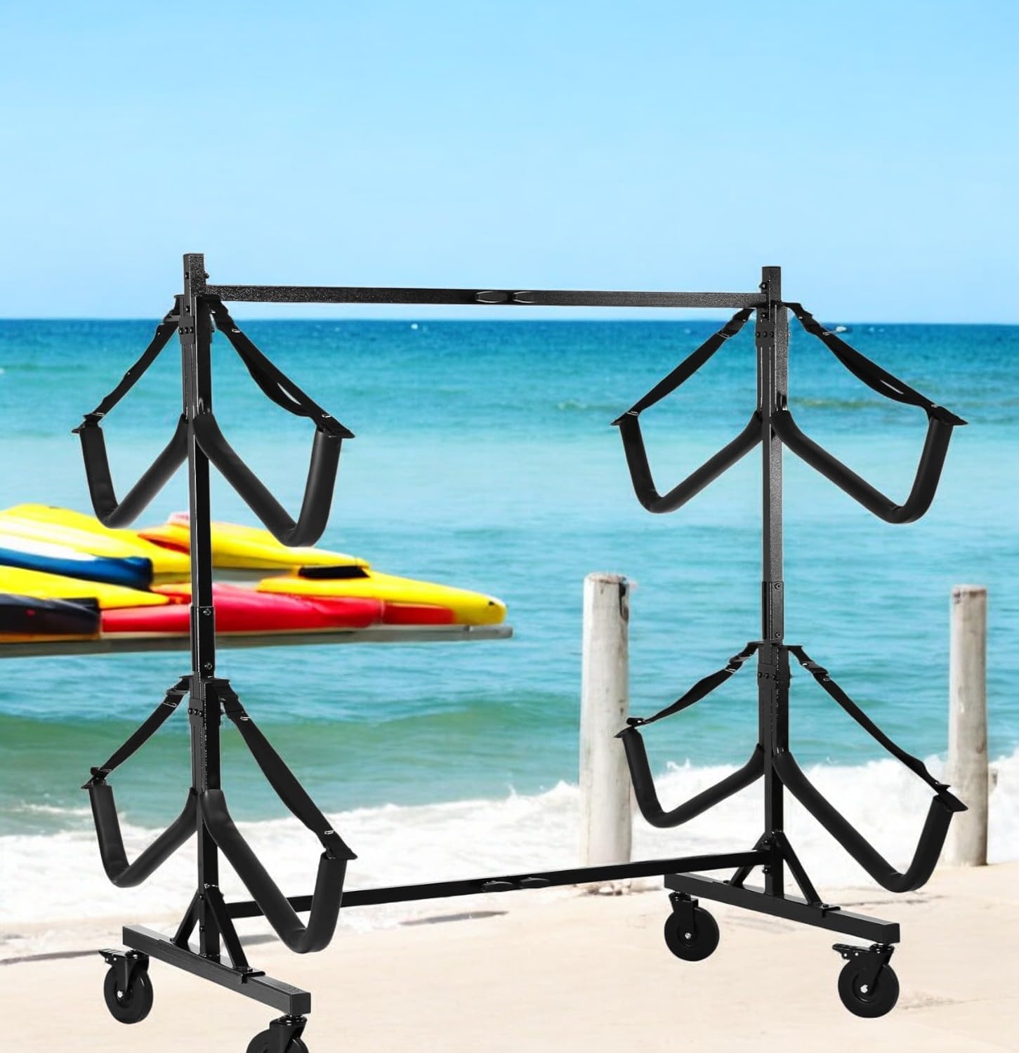 Kayak Storage Rack,Heavy-Duty Steel Freestanding Kayak Hanger Holder w/Padded Arms and Adjustable Width, Storage Stand for 4 Kayaks Canoe PaddleBoard SUP Surfboard for Garage, Shed,Dock