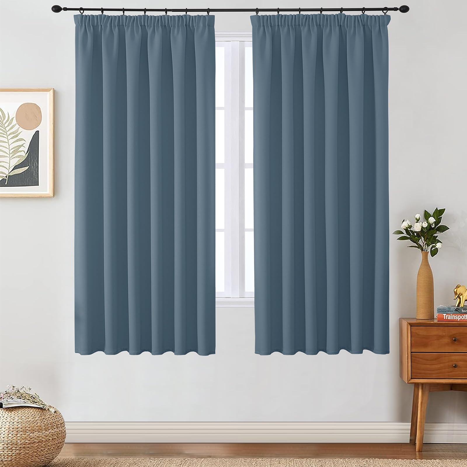 VEHEDE Short Curtains for Small Window – Pencil Pleat Blackout Drapes, Thermal Insulated, Stone Blue, W46 x L63 Inch, 2 Panels