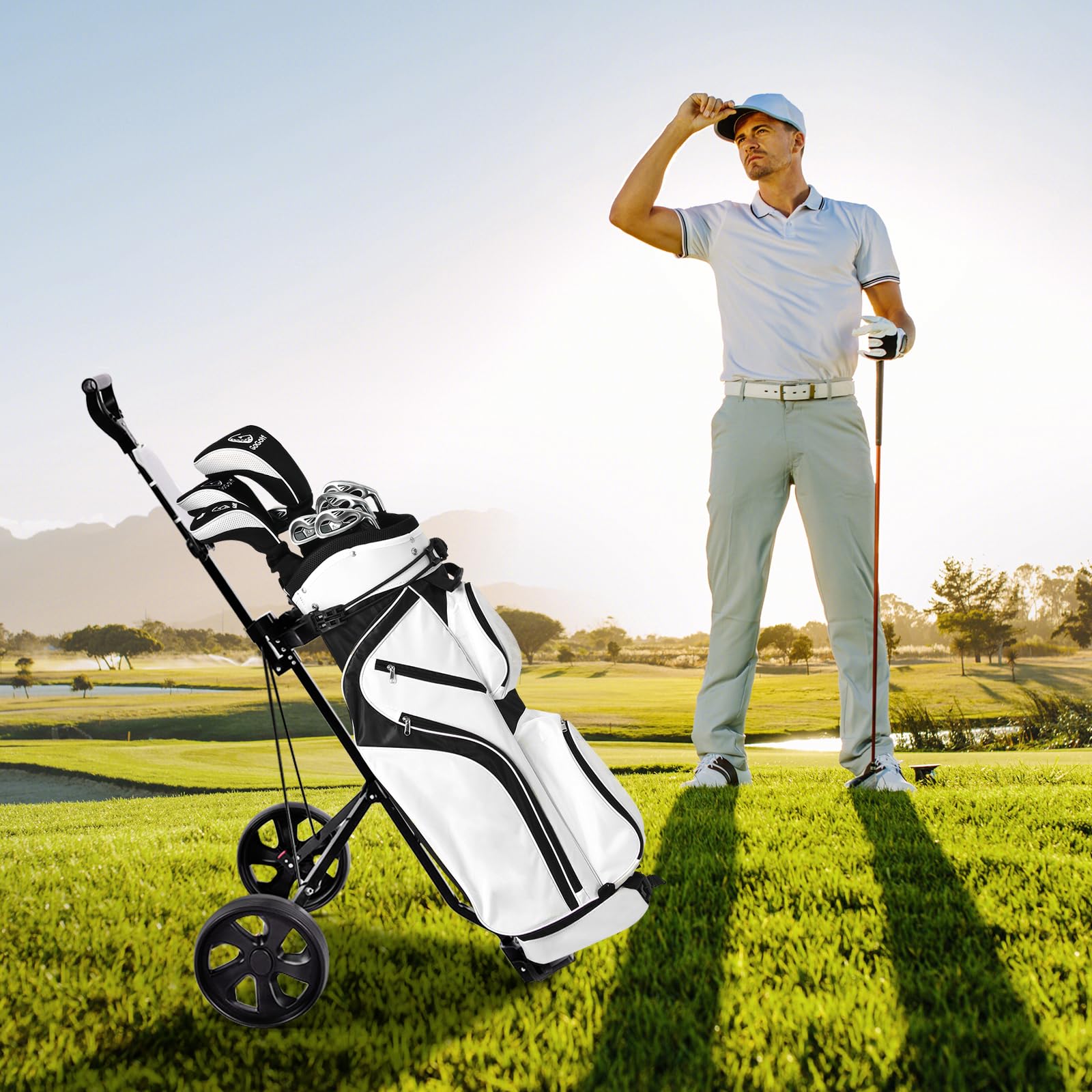 COSTWAY Golf Trolley, 2 Rad Golftrolley klappbar, Golfwagen aus Stahl, mit Scorecardhalter, Golf Bag Push Cart für Anfänger