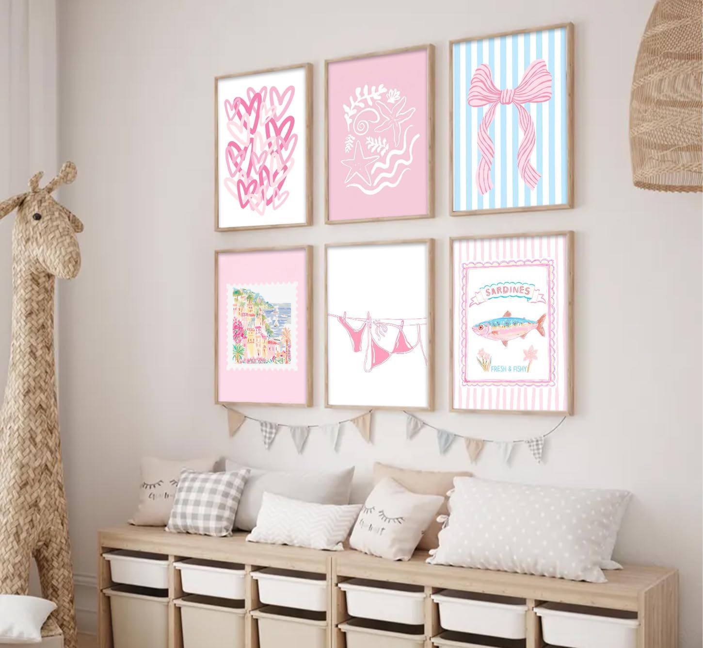 Pink Coastal Preppy Canvas Wall Art Bikini Bow Pictures Wall Decor Beach Starfish Posters Hearts and Sardines Coastal Granddaughter Aesthetic Print Artwork for Girl's Room Dorm Apartment, Unframed