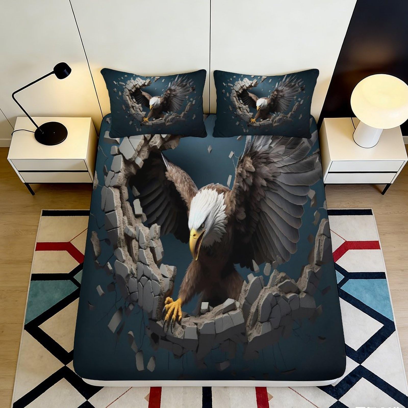 3D Printed Eagle Design Fitted Sheet Microfiber Durable 3D Printed Eagle Mattress Cover for Bedroom Dormitory Guest Room Protection 140x200x25cm
