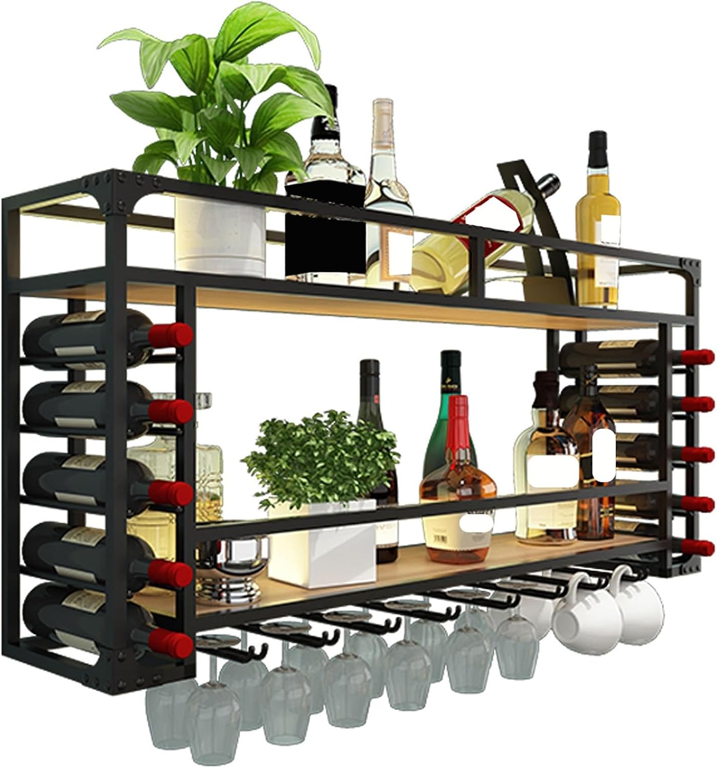 Wine Rack Wall Mounted Floating Bar Shelves Liquor Bottle Display Shelf Wall Mounted with LED Light Hanging Wine Glass Rack Holder Liquor Cabinet Kitchen Wall Shelf for Home Bar Dining Room Cafe(Black