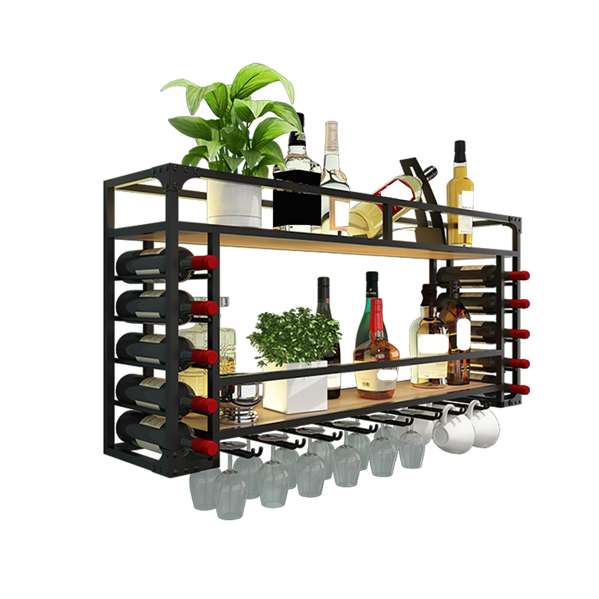 Porte Bouteille Mural avec Lumière Range Bouteille Etagere Murale Cuisine Casier à Bouteilles Rangement Bouteille Meuble Bar avec Porte Verres Suspendu pour Comptoir de Bar Salon Cuisine(Nero,80*25*55