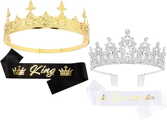 CUBACO Prom King and Queen Sash Crowns Set for Men Women Gold and Sliver Tiara Crown Headband and His Hers Halloween Costumes Hair Accessories for Prom Wedding Cosplay