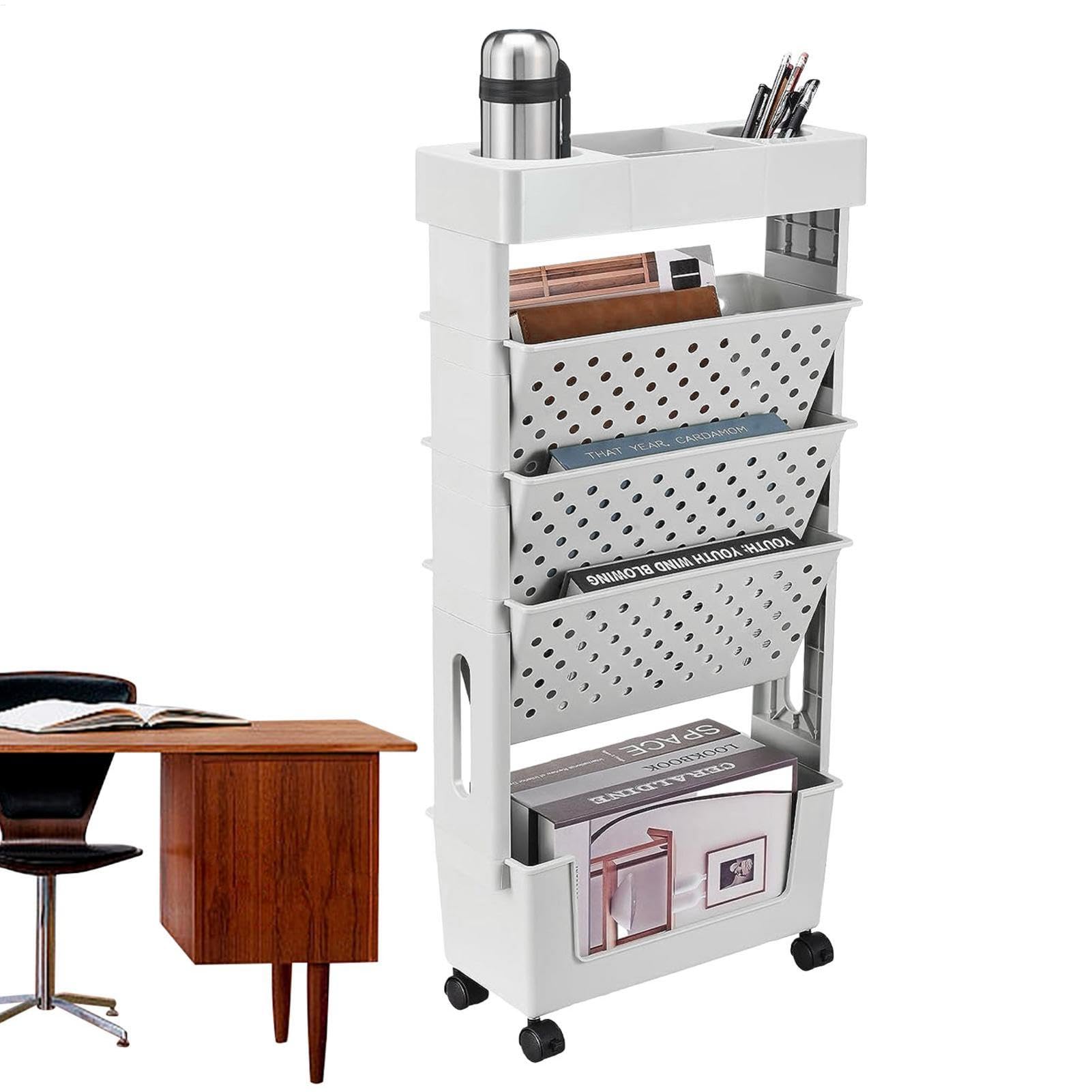 Étagère mobile – Chariot de rangement de livres, étagère réglable | Étagère rotative à 5 niveaux de grande capacité pour économiser de l'espace, organiseur de livres avec roues pour salles d'étude