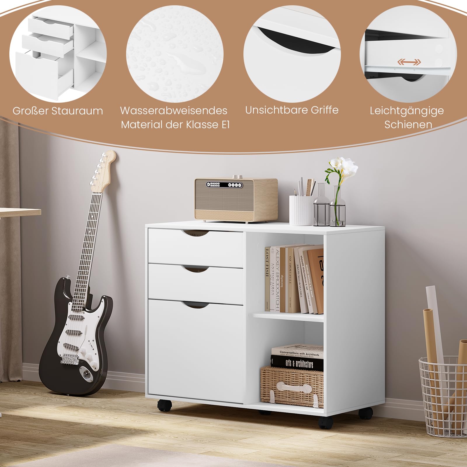 WOLTU Rollcontainer mit 3 Schubladen, mobiler Aktenschrank mit 5 Rollen, Büroschrank mit verstellbarem Hängeregistratur & Einlegeboden, für Büro Zuhause, 80x69,5x39,5 cm, Weiß, ASK13ws