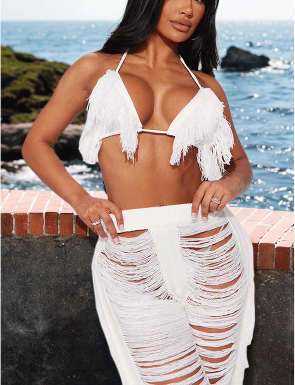 KANSOON Two Piece Sets for Women Sexy Crochet Outfits Halter Top Fringe Pants Summer Party Clubwear - Image 2