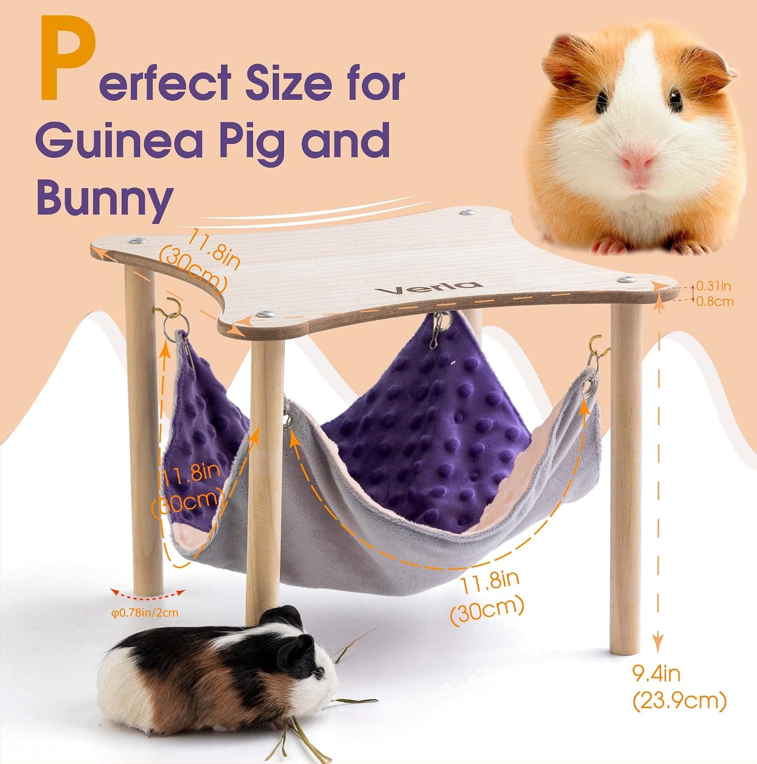 Guinea Pig Hideout, Hammock with Wooden Stand and MDF Platform for Small Animal Warm Hanging Bed Tunnel for Piggies Dwarf Rabbit Chinchilla Ferrets in Enclosure Cage Habitat, No harm Kiln-Dried Pine