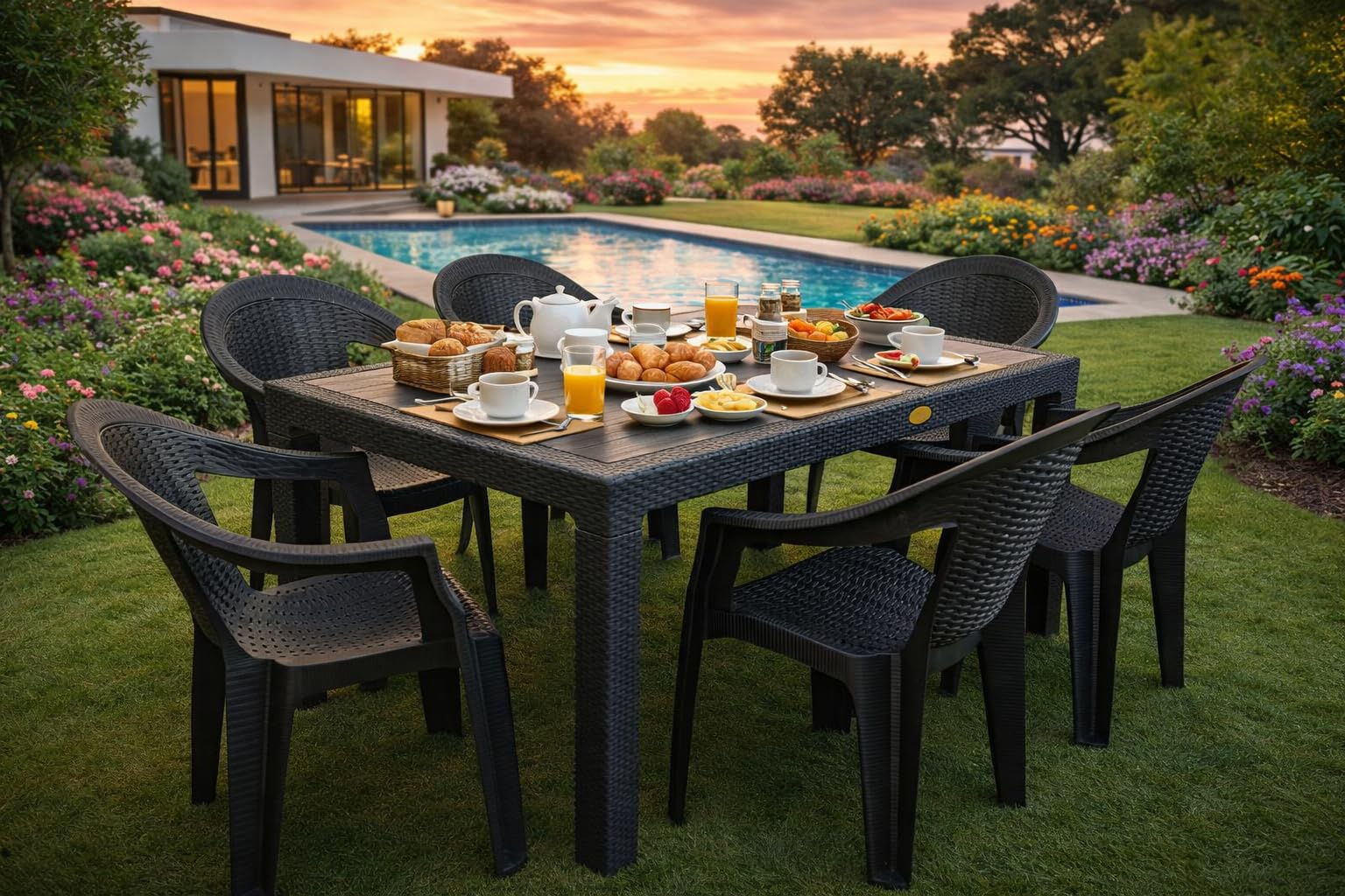 Rattan Sintetico Set Tavolo e Sedie da Giardino 6 Sedie con Braccioli Tavolo 150x90 cm Marrone Wengè