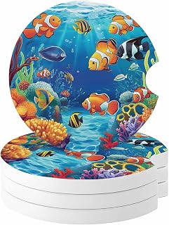 Summer Ocean Car Coaster, Clownfish Coral Seagrass Underwater World Absorbent Ceramic Coasters for Car, 4 Pcs Coasters for Auto Cupholder Accessories Keep Vehicle Clean 2.56inch