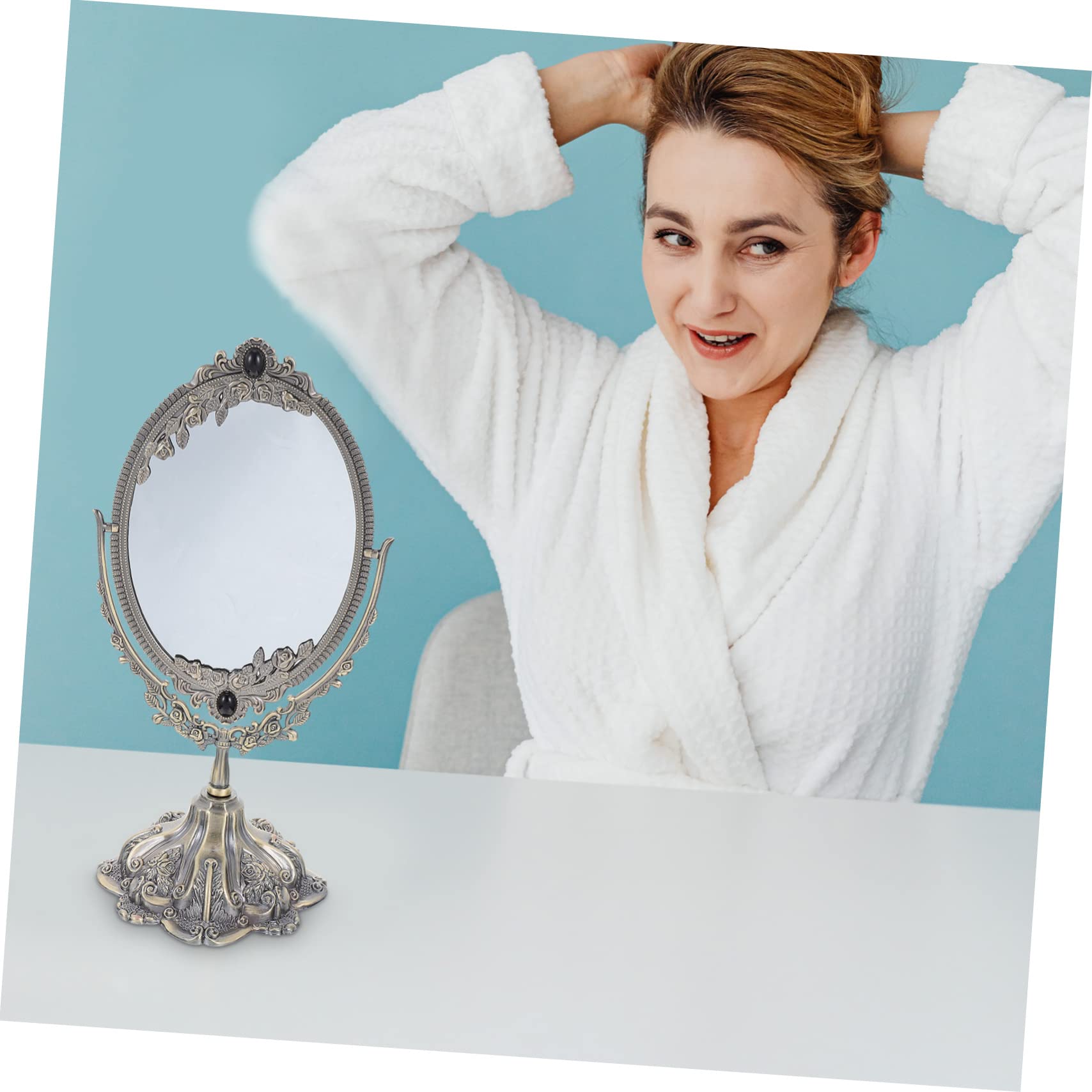 OUNONA Doppelseitiger Tischspiegel aus Zinklegierung im Retro Design | Drehbar, Flacher Standfuß, Hohe Auflösung, Europäischer Stil, Elegant für Hochzeits und Make Up Nutzung