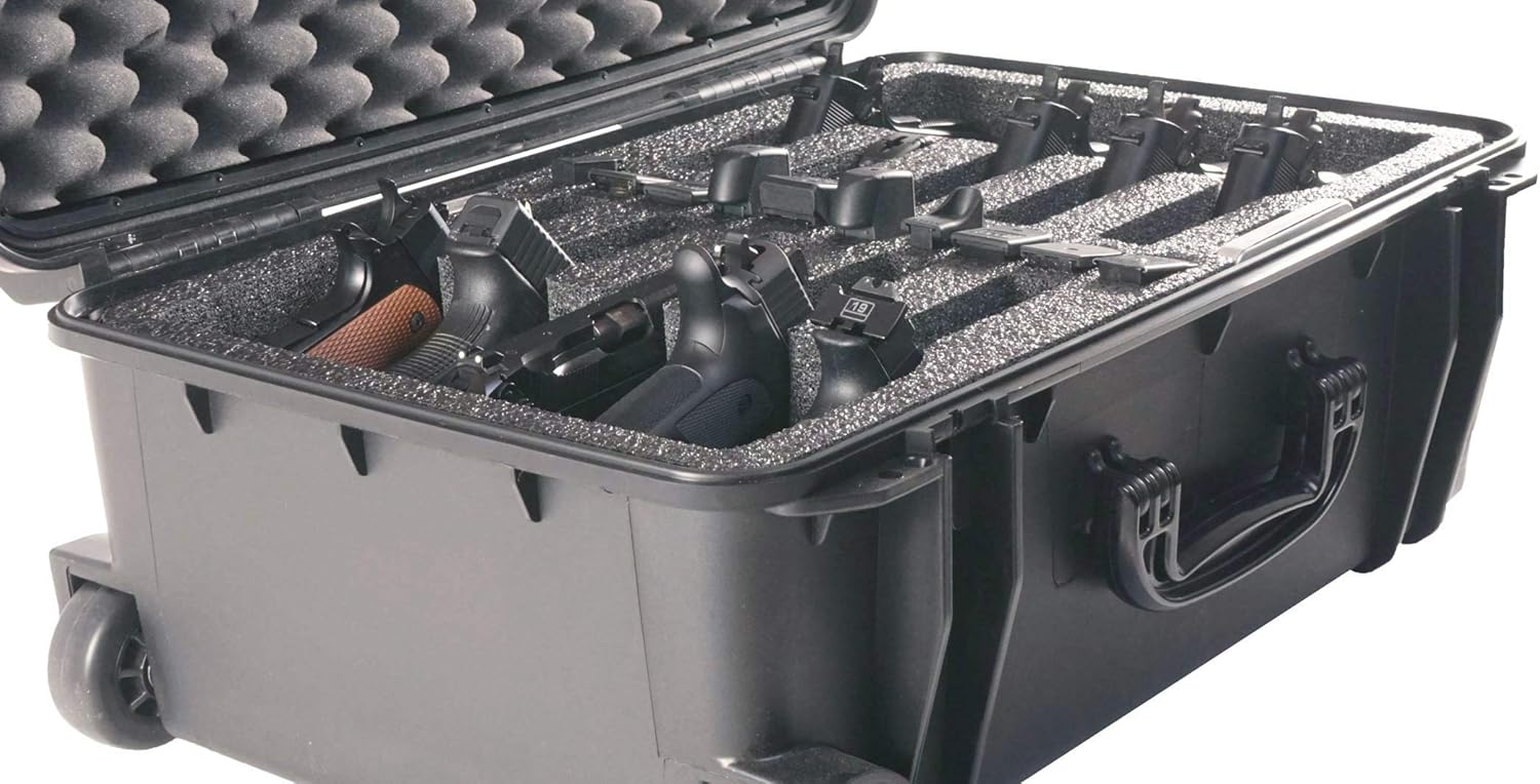 Case Club 10 Pistol & 20 Magazine Pre-Cut Waterproof Case with 2 Silica Gel Canisters to Help Prevent Rust (Wheeled)