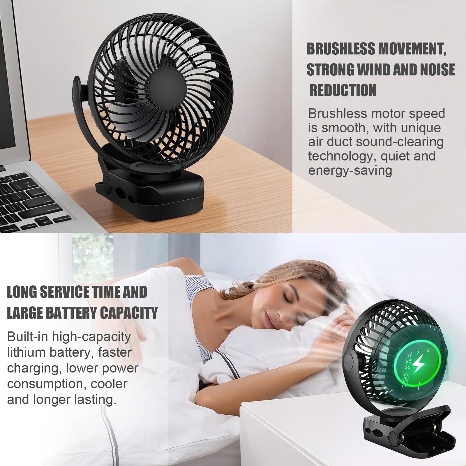 8000mAh Mini USB Ventilator Akku,Tischventilator mit Clip,3-Gang ventilator kinderwagen mit LED-Nachtlicht &Fernbedienung,360° Rotation, Aufladbar Batterie Portable Table Fan Mini Ventilator