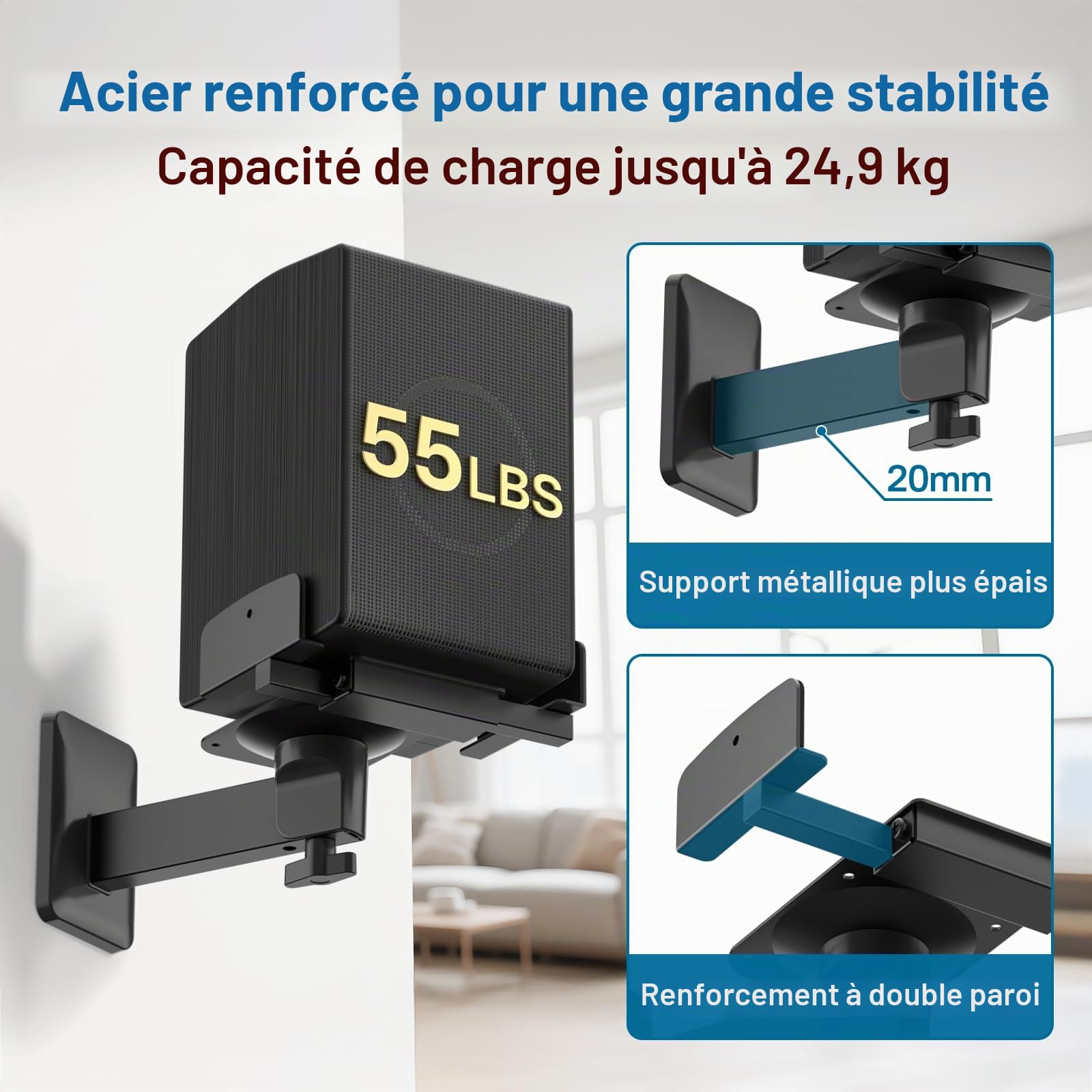 Supports muraux réglables pour Enceintes d'étagère – morsets latéraux Doubles – pour Klipsch, Bose, Edifier, Yamaha, Polk, KRK – avec Serre-câbles – Lot de 2