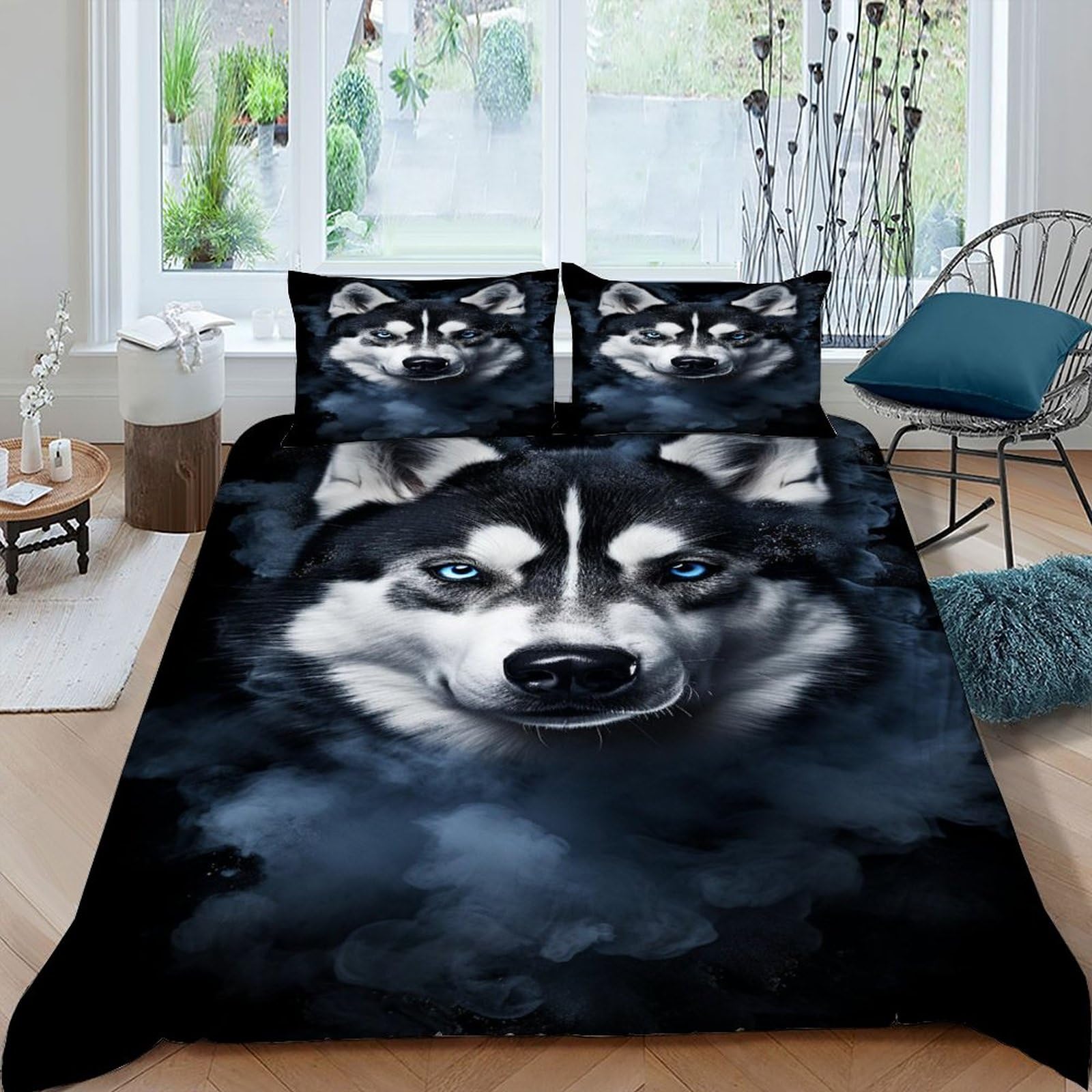 Housse couette loup 220x240 fermeture éclair pour lit adulte microfibre 3 pièces