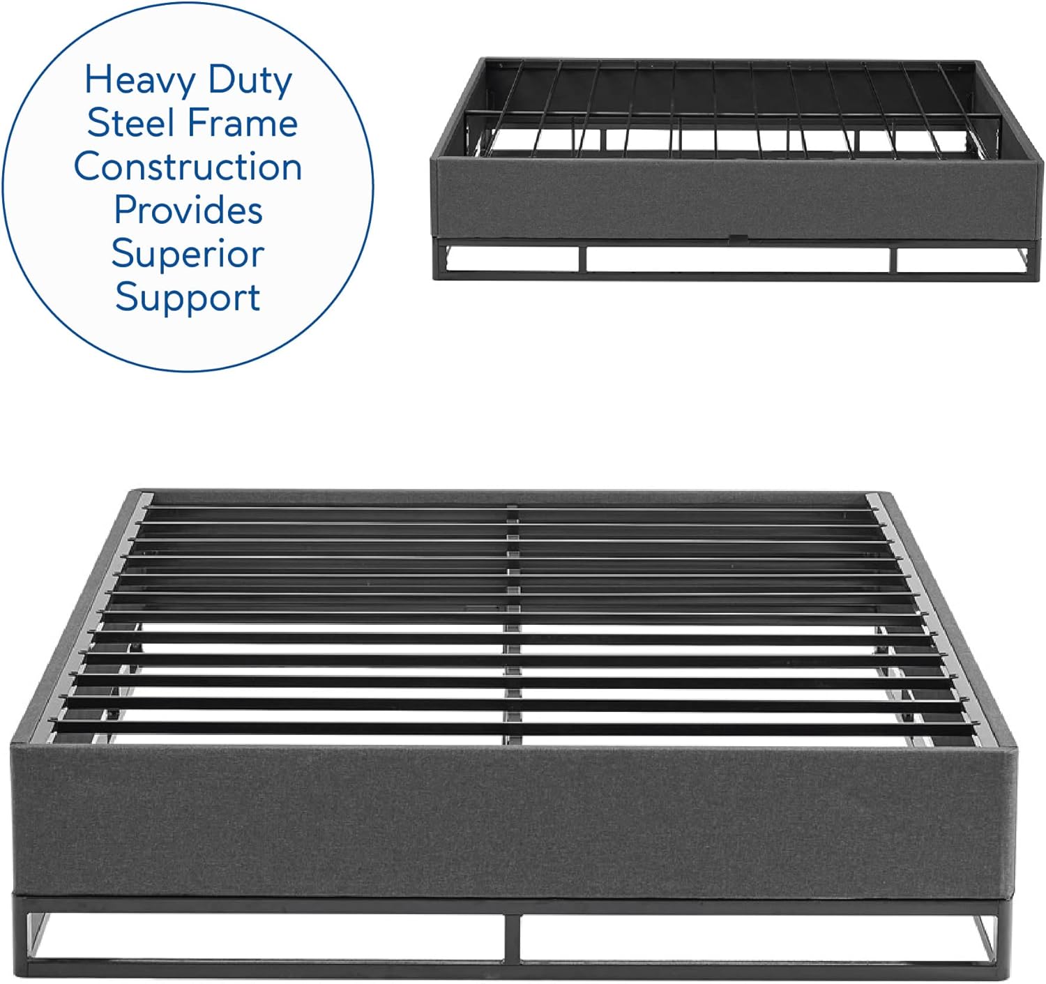 Decoro Venice Black Metal Platform Bed Frame with Built-in Grey Upholstered Mattress Foundation, Queen