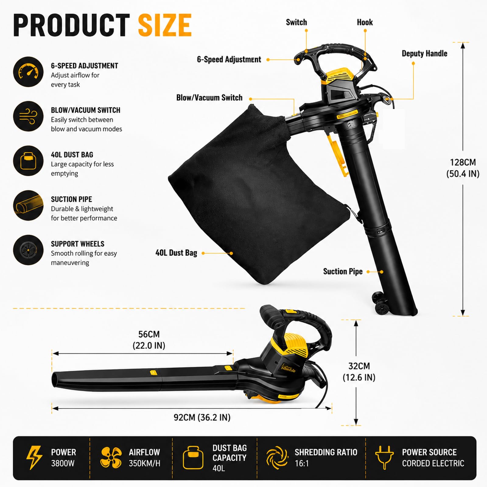 Soplador/Aspirador de Hojas eléctrico de 3800 W, Bolsa de Recogida de 40 L