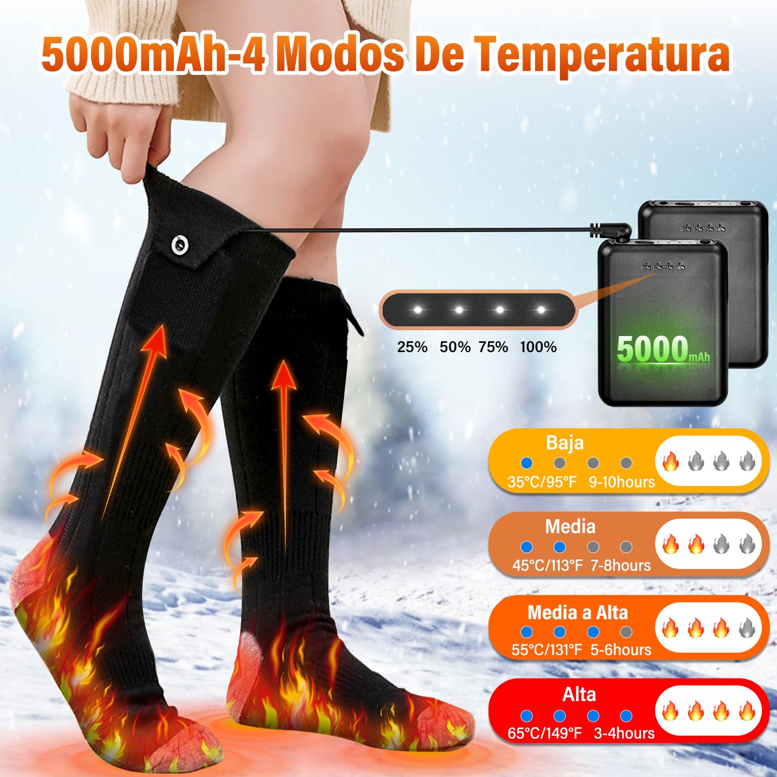Calcetines Calefactables,5V/5000mAh Recargables Calcetines Electricos Calefactables con 4 Temperaturas,Bateria Calcetines Calefactables Hombres Mujer 36-46,para Esquí,Exterior,Senderismo