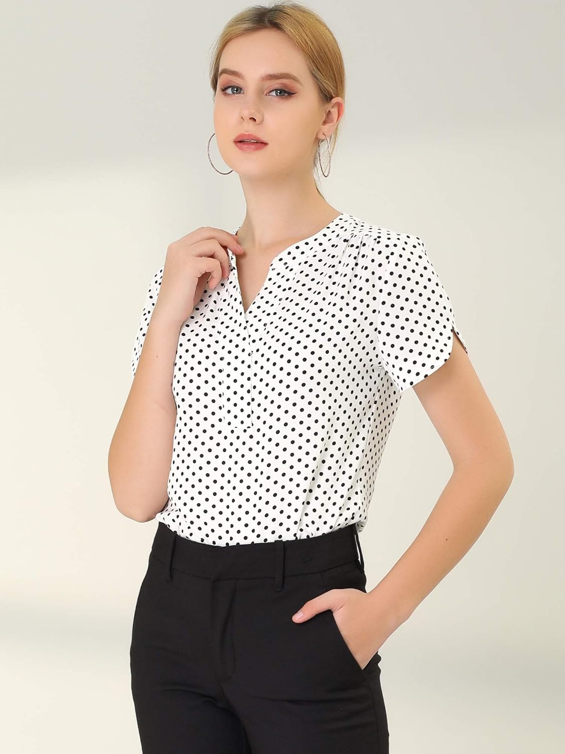 Allegra K Women's Polka Dots Print V Neck Short Sleeve Elegant Work Office Tops - Image 2