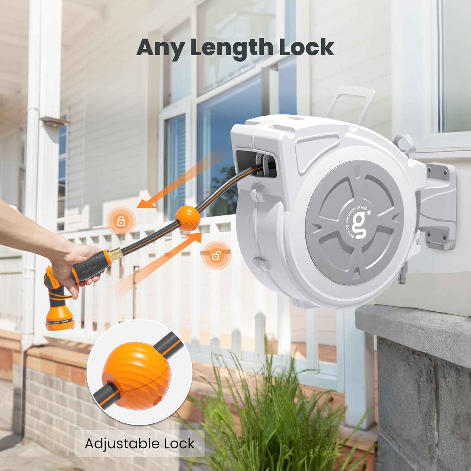 Giraffe Tools Retractable Hose Reel 1/2" x 65 ft Heavy Duty Water Hose Reel, Swivel Bracket, Any Length Lock, with 9-Function Sprayer Nozzle